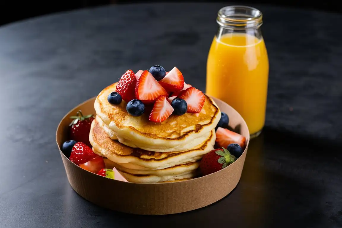 Pancakes with  diced strawberry and blueberries in a round brown food box , and a bottle of one orange juice on a matte black color background.