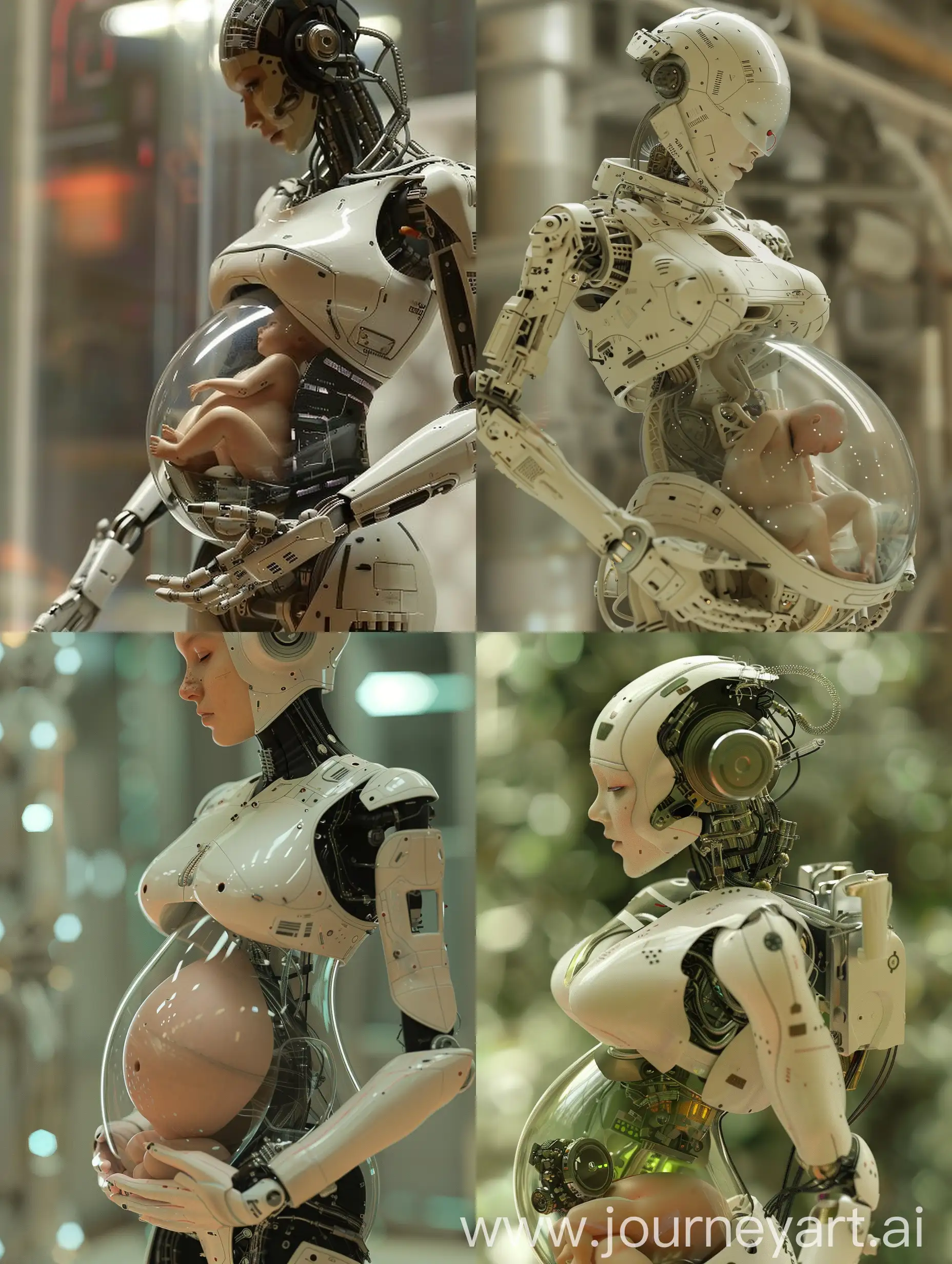 a pregnant android with a translucent belly you can see the baby inside her. Very intricate