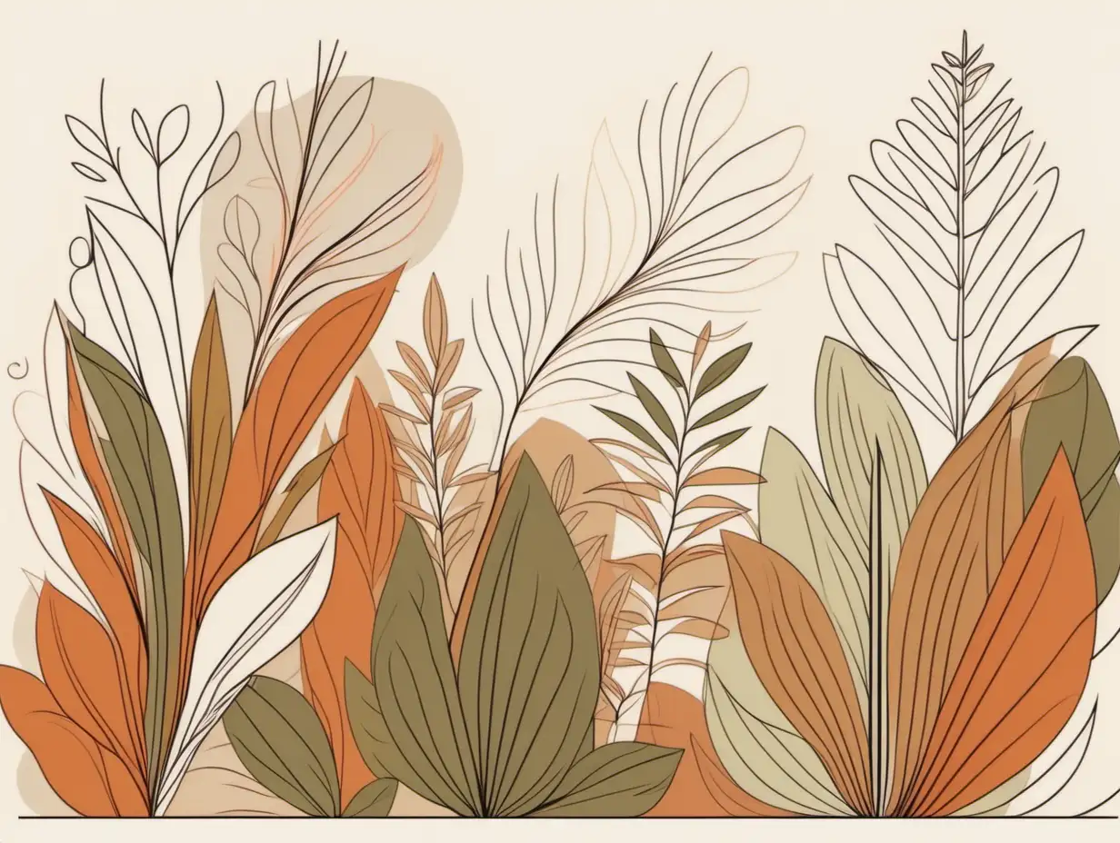 abstract fine line art of plants with orange and brown and tan and olive green 
