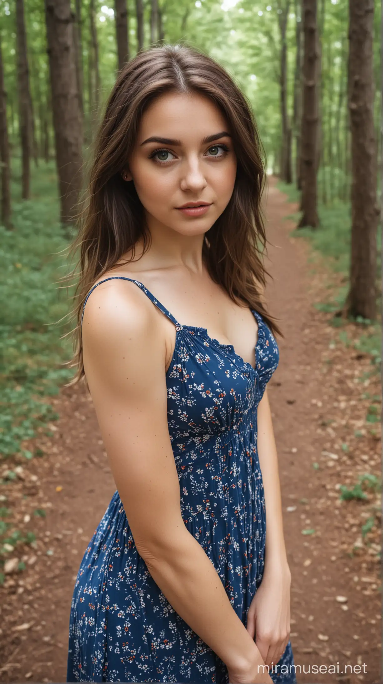 short girl long dark side-parted hair hazel eyes in a forest short blue sundress