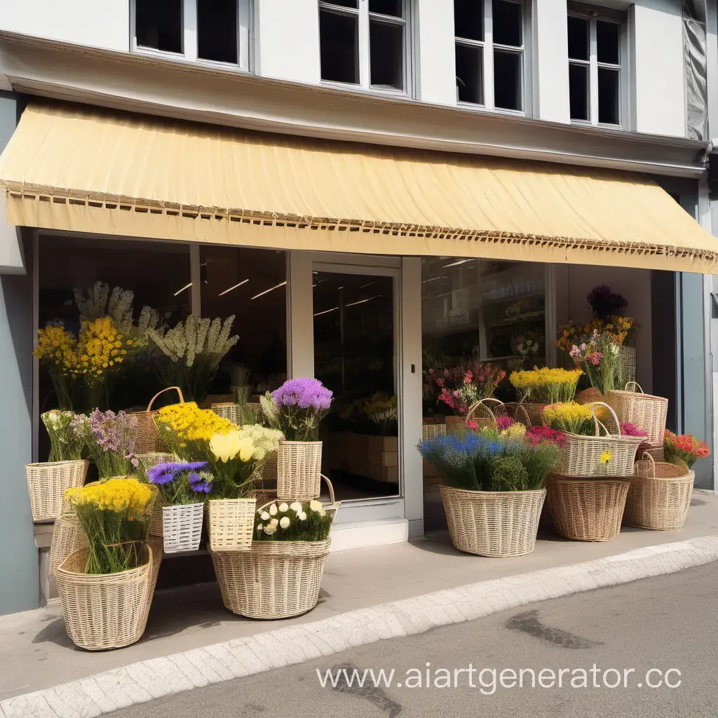 цветочный магазин с полевыми цветами в плетенных корзинках