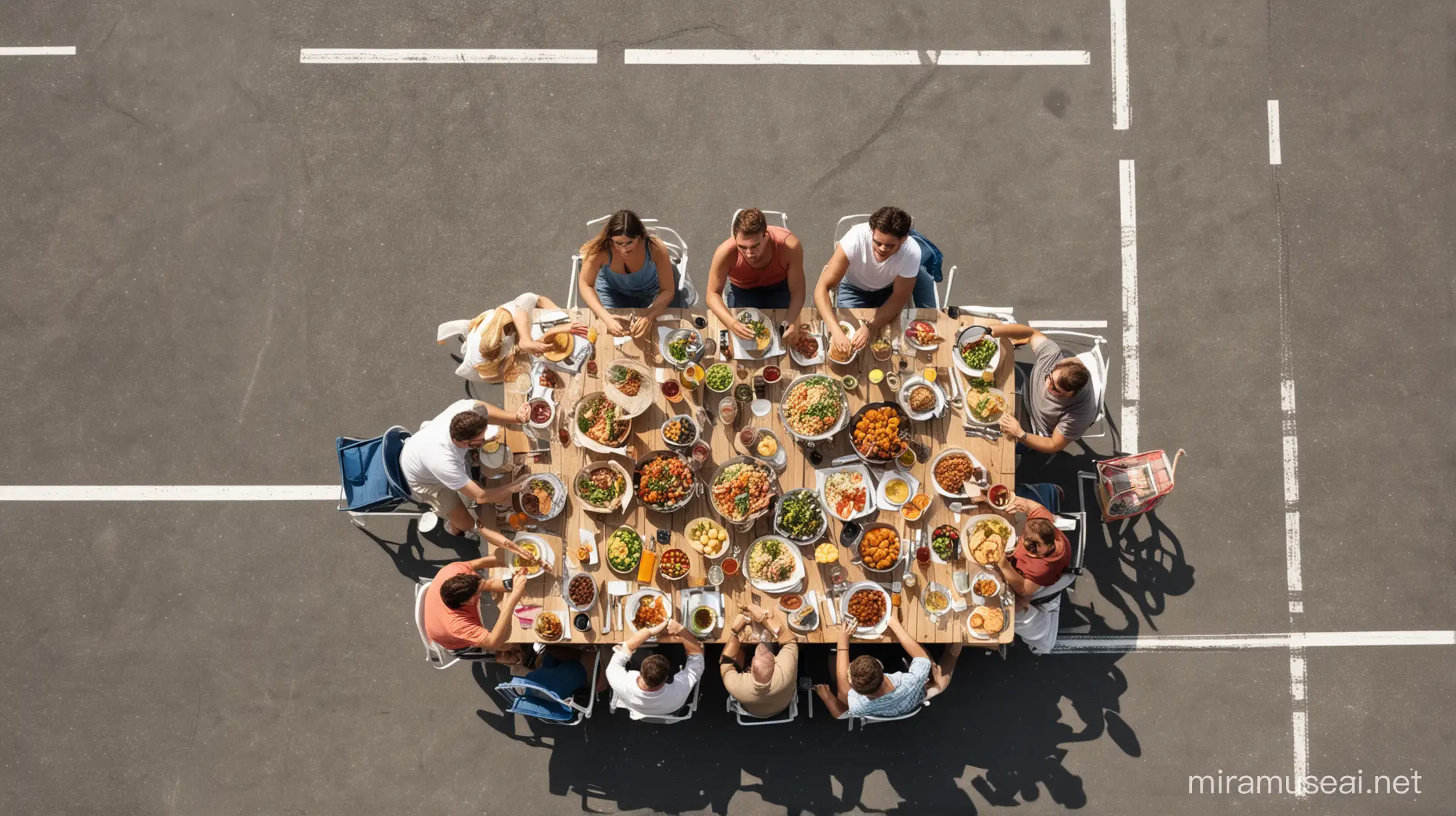 people having lunch sitting at a table, which is situated on the asphalt of a car racetrack. It is summer and all the people on the picture are happy and smiling