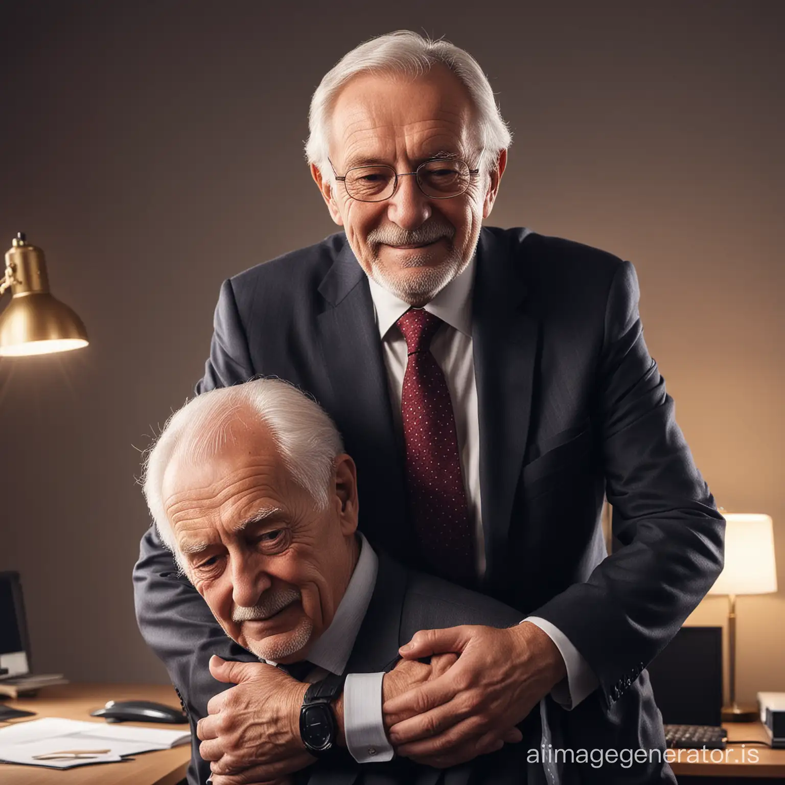 An elderly business cuddling another elderly man from behind, full body shot, full body shot, office background, dramatic lighting
