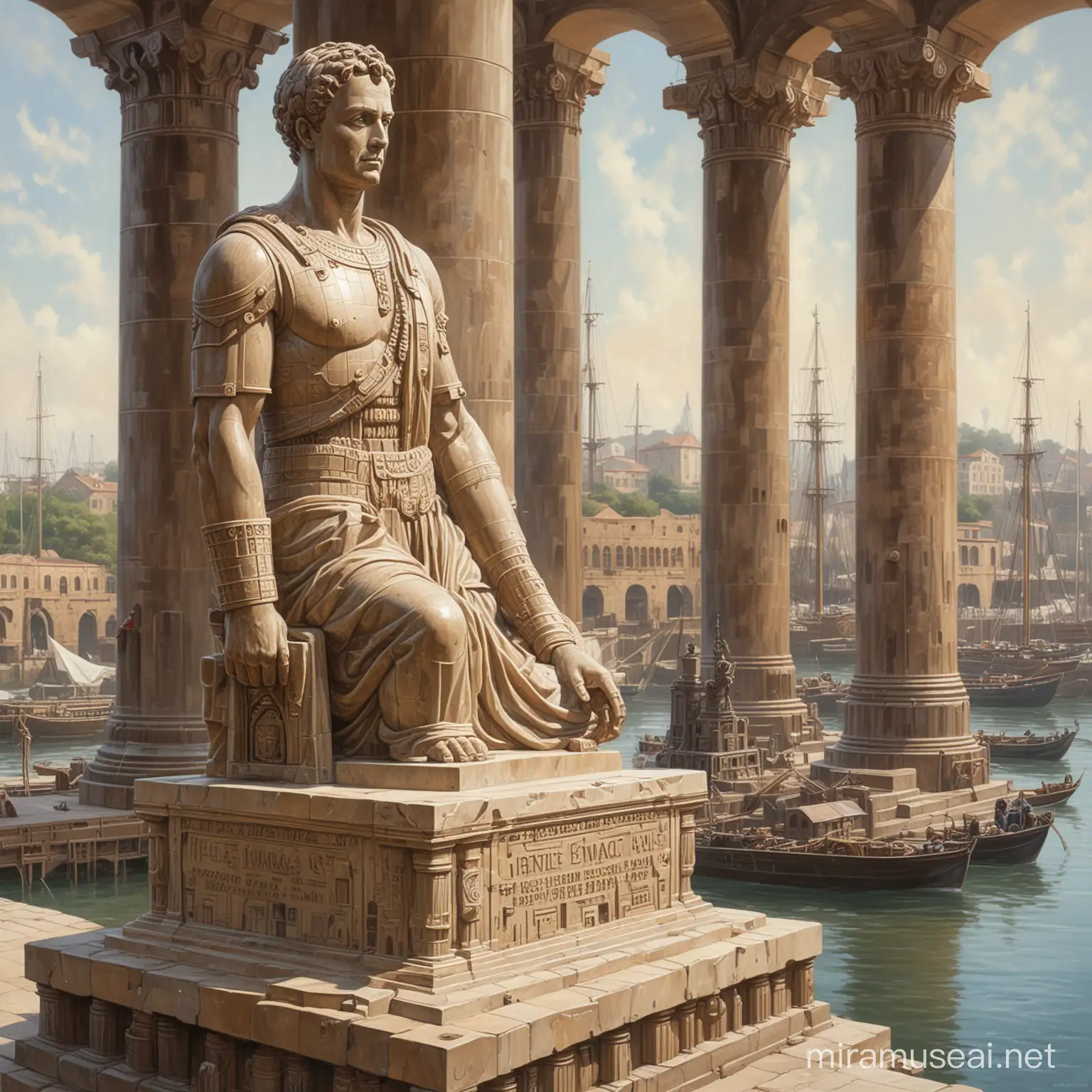 Highly detailed painting, wide view of a monumental statue standing next to a Roman (((port))) in ancient times, the statue is a bronze statue of the ((((ENIAC digital computer from 1945)))), ancient sailing boats are in the port, use muted pastel colors only, high quality
