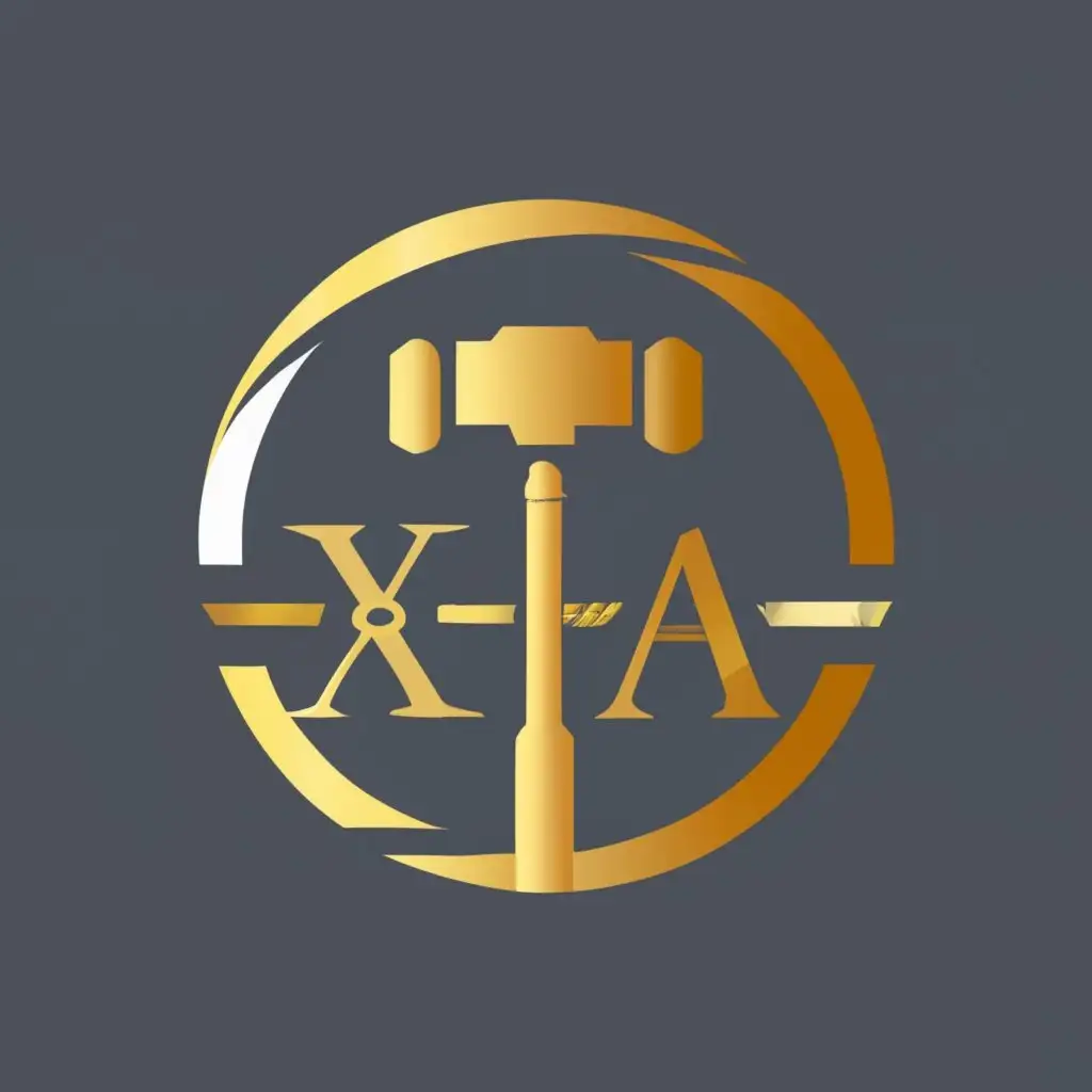 logo, 3d gold simple logo for attorney hammer with letter x and letter a inside c brush painted golden circle, with the text "x a", typography, be used in Legal industry