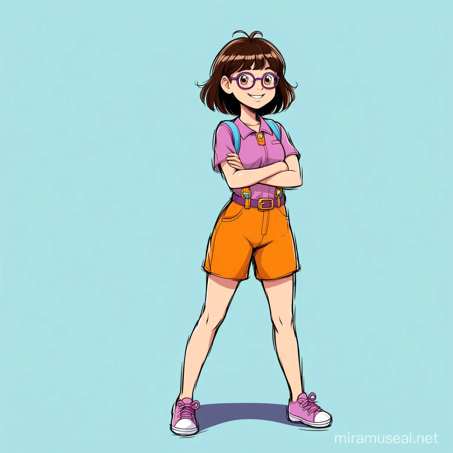 a full-body 2d drawing of a tall, slender, 18 year old white girl, wearing eyeglasses and a "Dora the Explorer" hair and costume; Facing ahead but standing on her right leg, smiling, crossed arms position, on a plain white background, drawn in Disney style