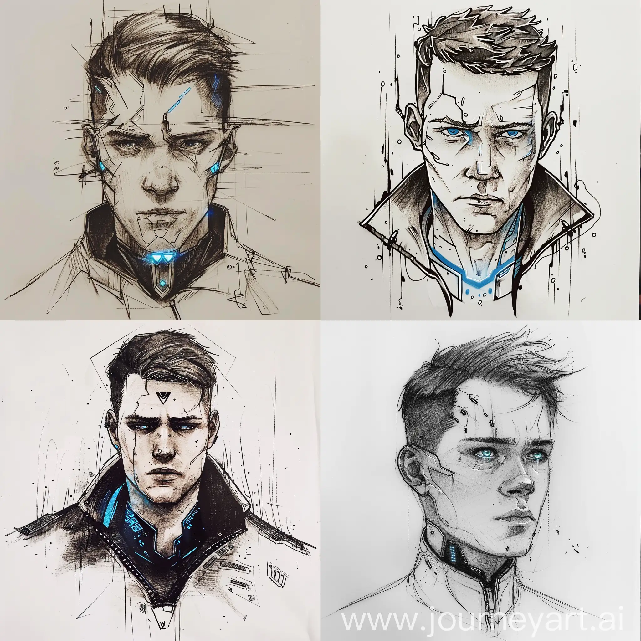 connor from detroit become human, tattoo design sketch, white background