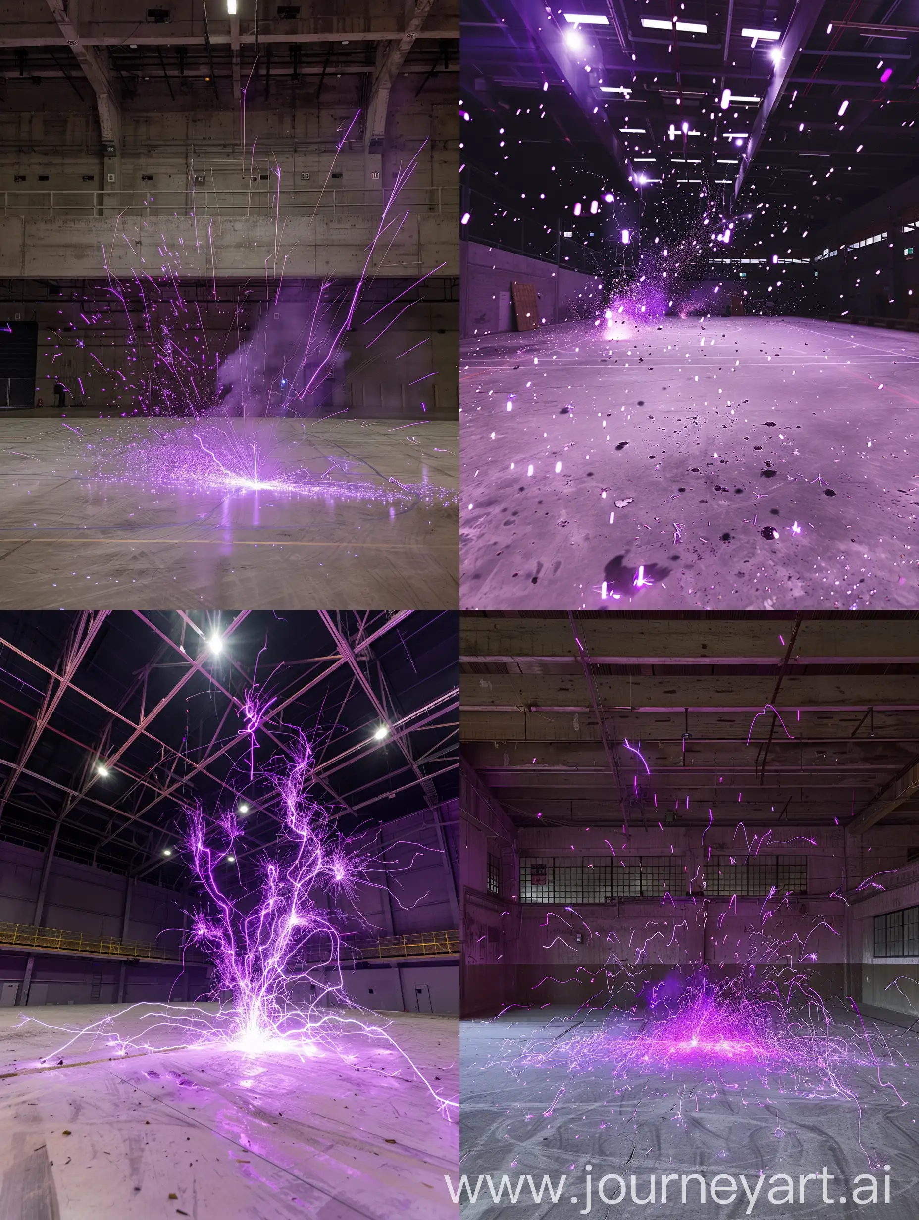 UA Sports Festival, My Hero Academy.  Inside the hall, above the cement, purple sparks of electricity spread, no one is visible in the scene.