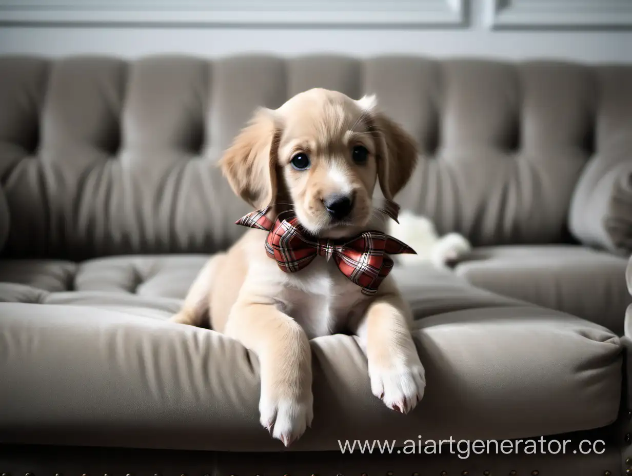 Собачка сидит на диване с бантиком, красивый интерьер, пуфик, уют и юмор