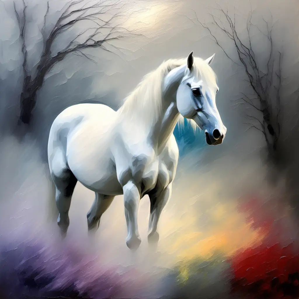 Dreamlike White Horse Galloping Through Misty Landscape