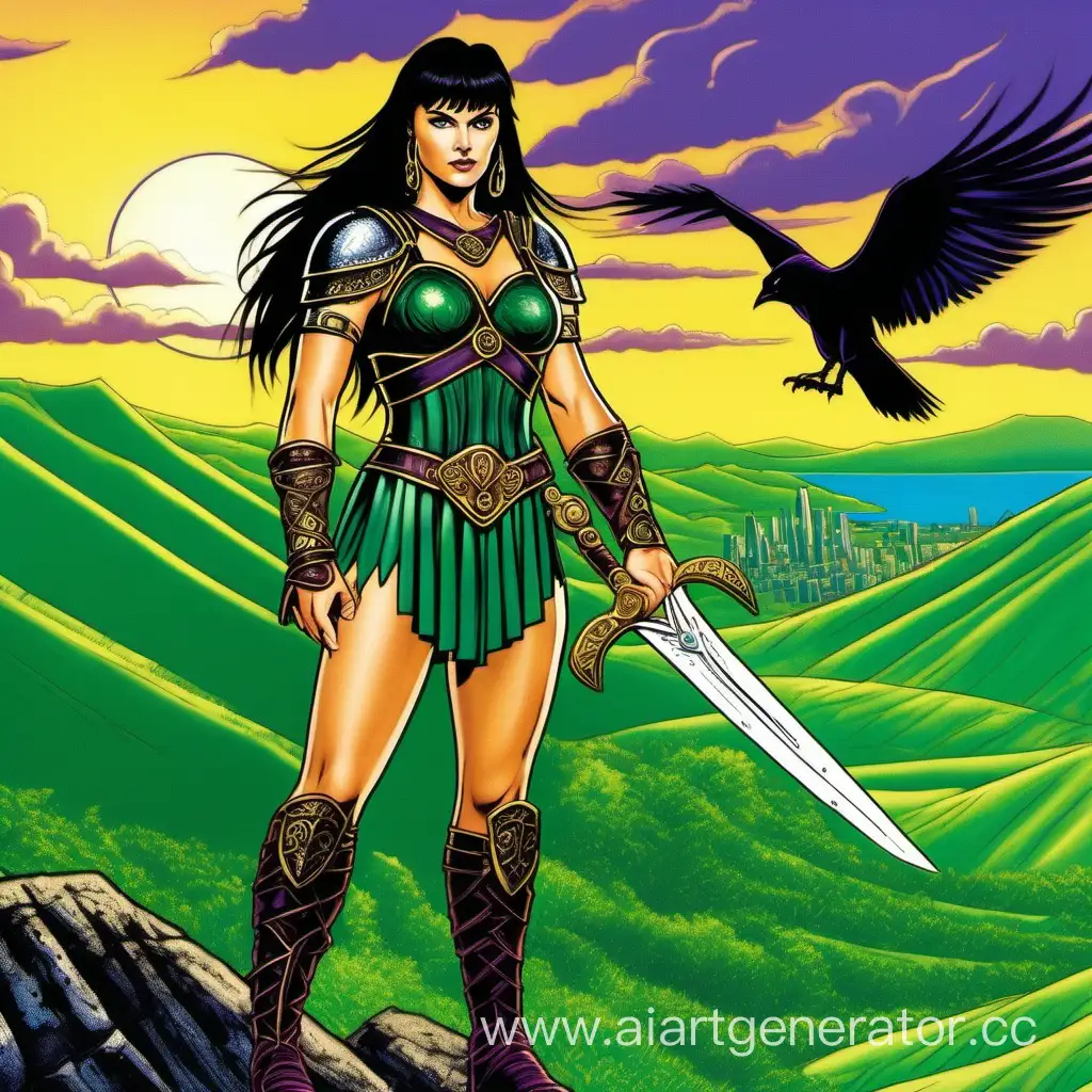 Strong athletic beautiful-faced Xena Warrior Princess with curvaceous thighs, abs, raven hair, ample butt, blue eyes, wearing a short eggplant-colored miniskirt stands on an evening sunlit green hill with the Emerald City in the horizont
