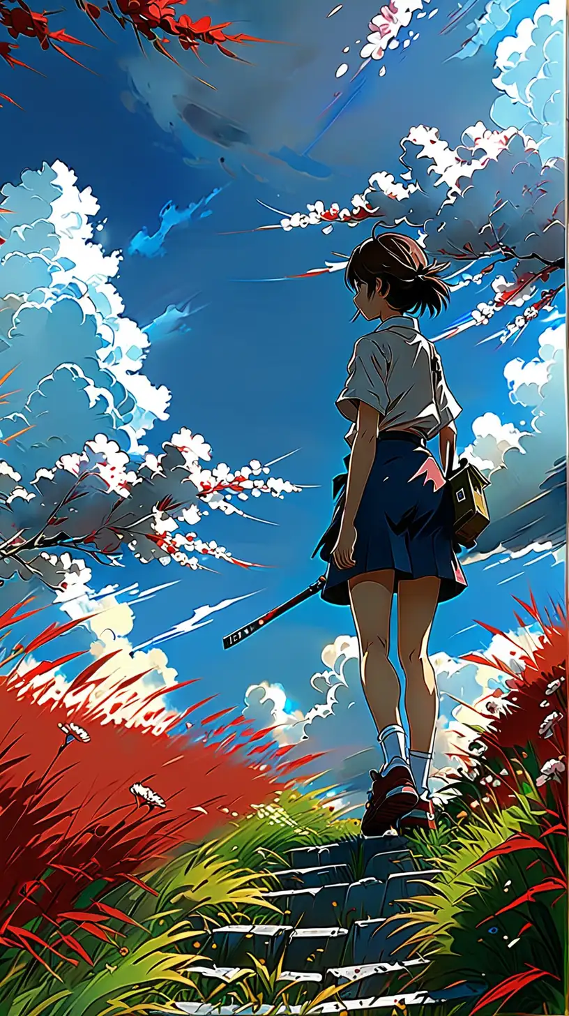 draw view from red grass flowers,  a japan school girl see the back,  full shot, beautiful sky and cloud,  fake detail, trending pixiv fanbox, acrylic palette knife, style if  Makoto shinkai studio ghibli, brush stroke, __ v 5.2, best quality, masterpiece, 