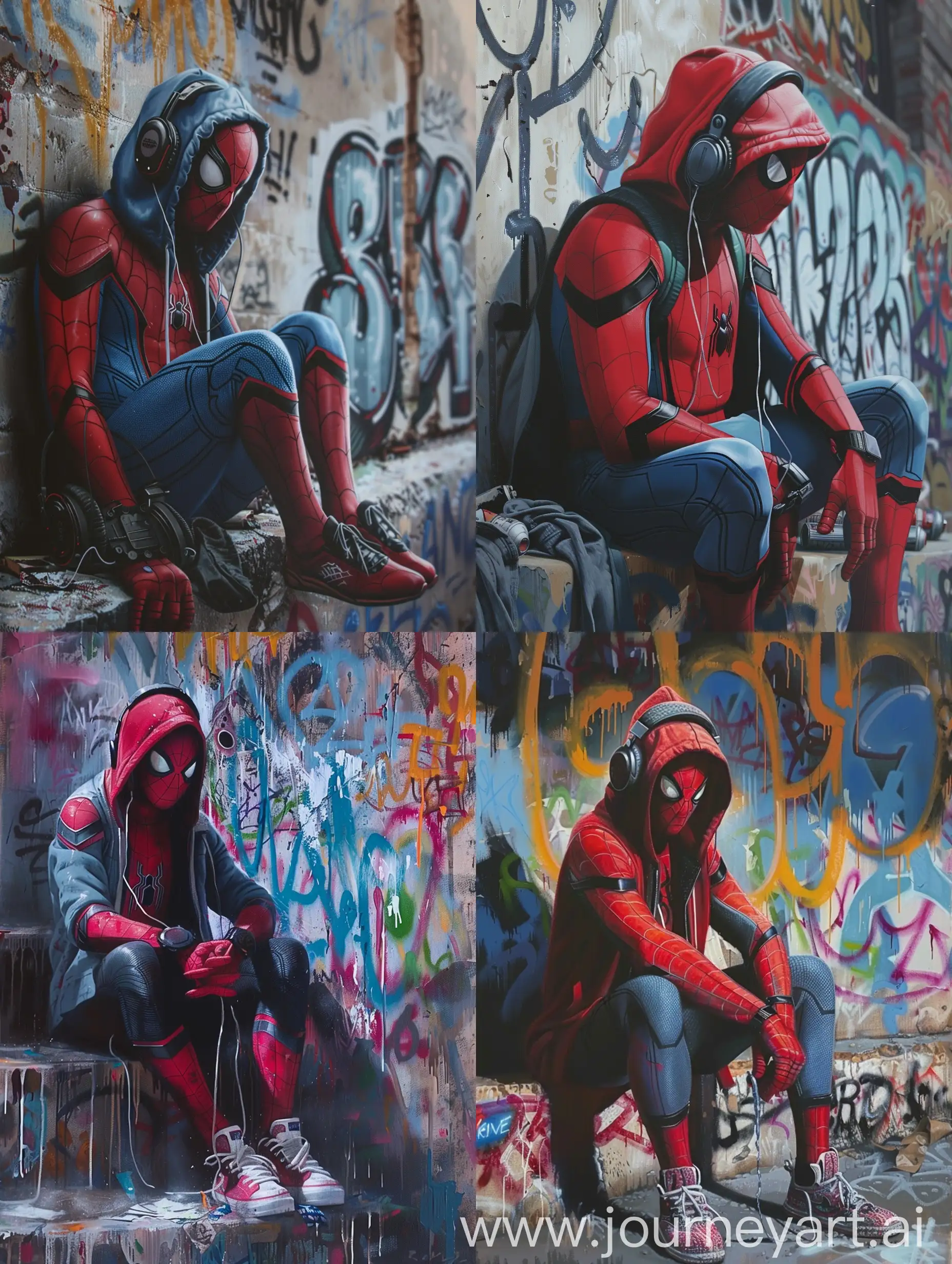  Spiderman in a hoodie and headphones sitting on a graffiti wall, hyper realistic oil painting in the style of Banksy. --ar 3:4