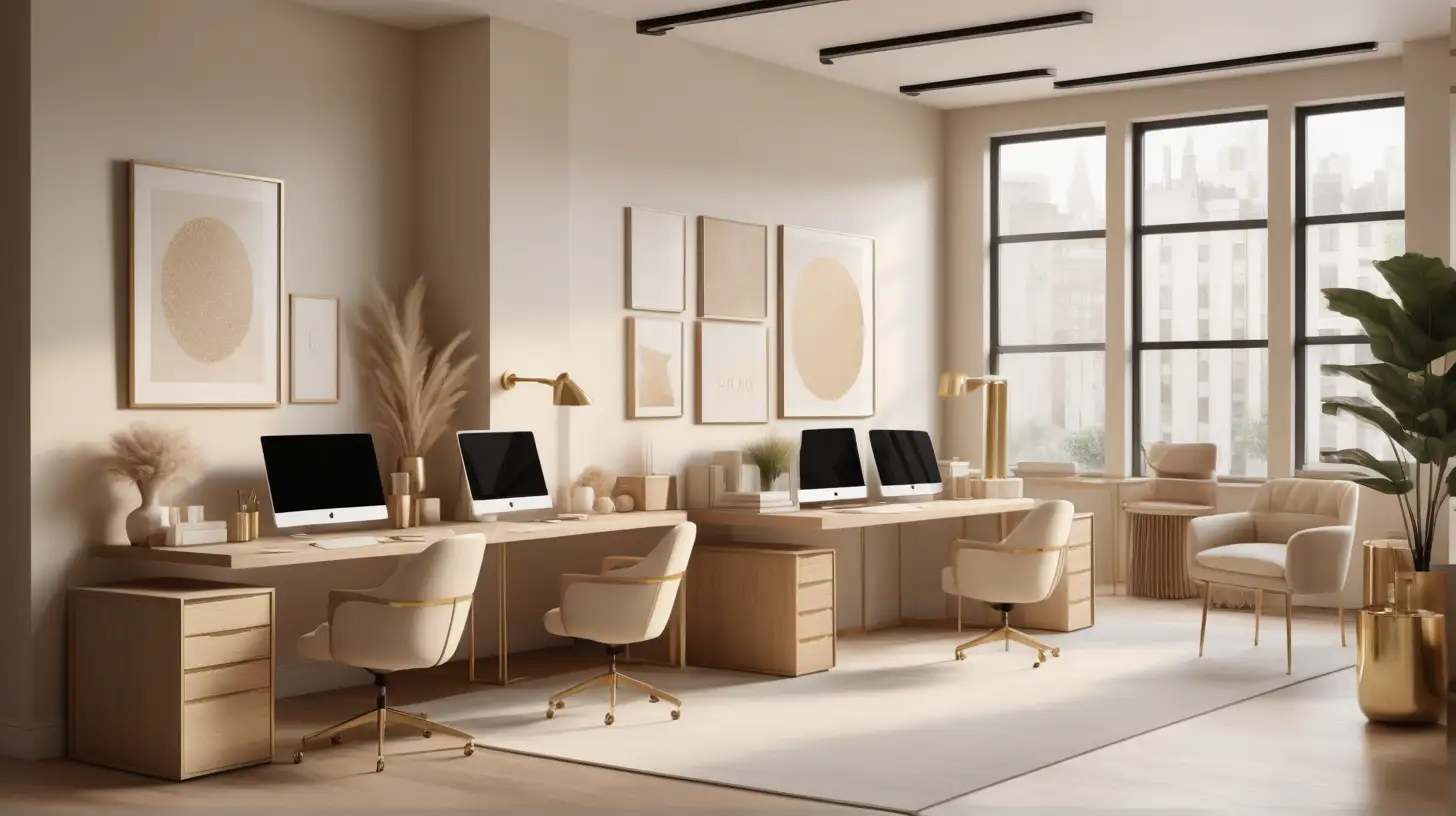 a Hyperrealistic image of an Interior Design firm open workspace for 4 people; beige, light oak, brass,  and ivory colour palette