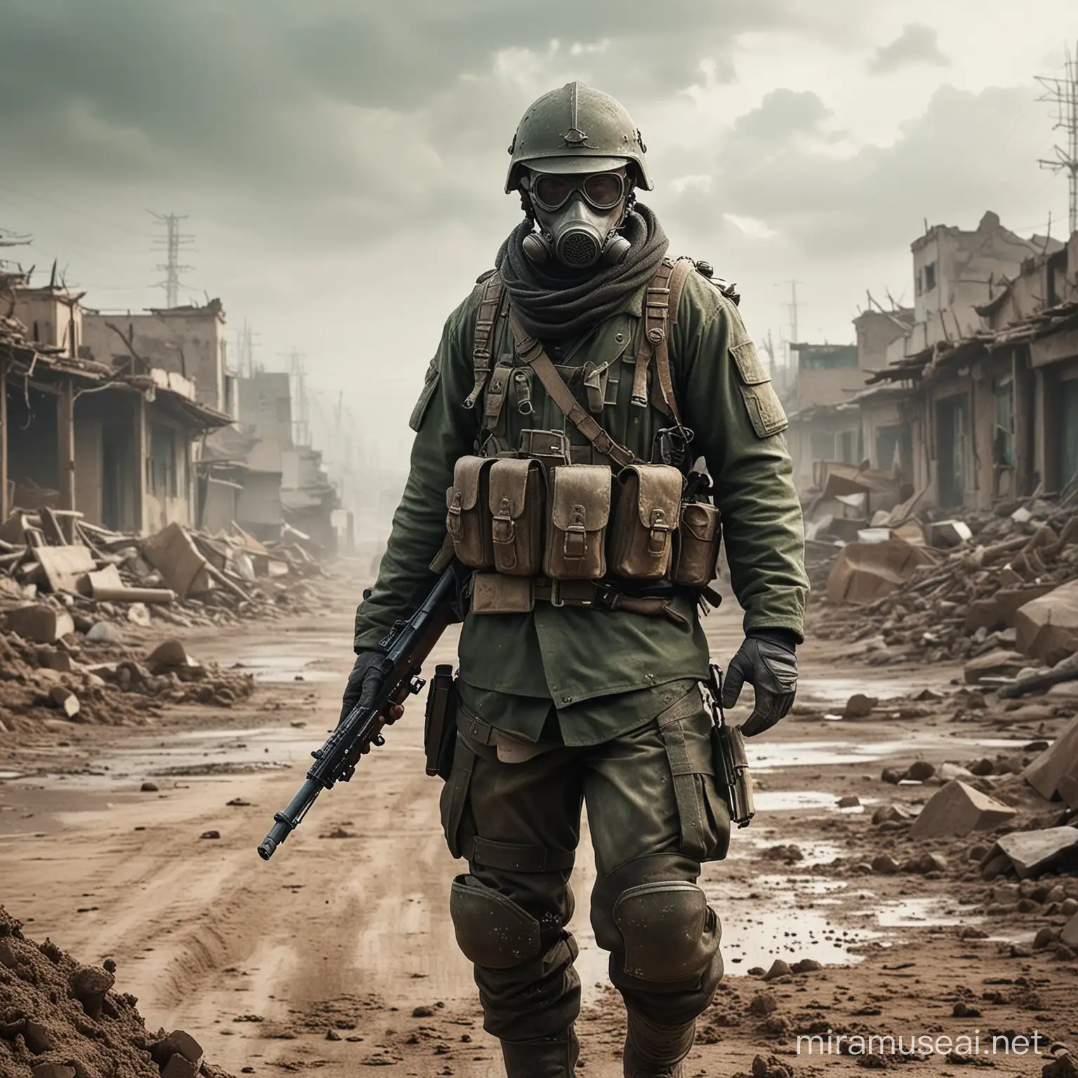 China soldier in post post apocalyptic world.Flogy weather,ground is mud.He has old armor,helmet,sand green gas mask and ak74 gun.He is under attack.Realistic,detailed.Near by nuclear damaged place