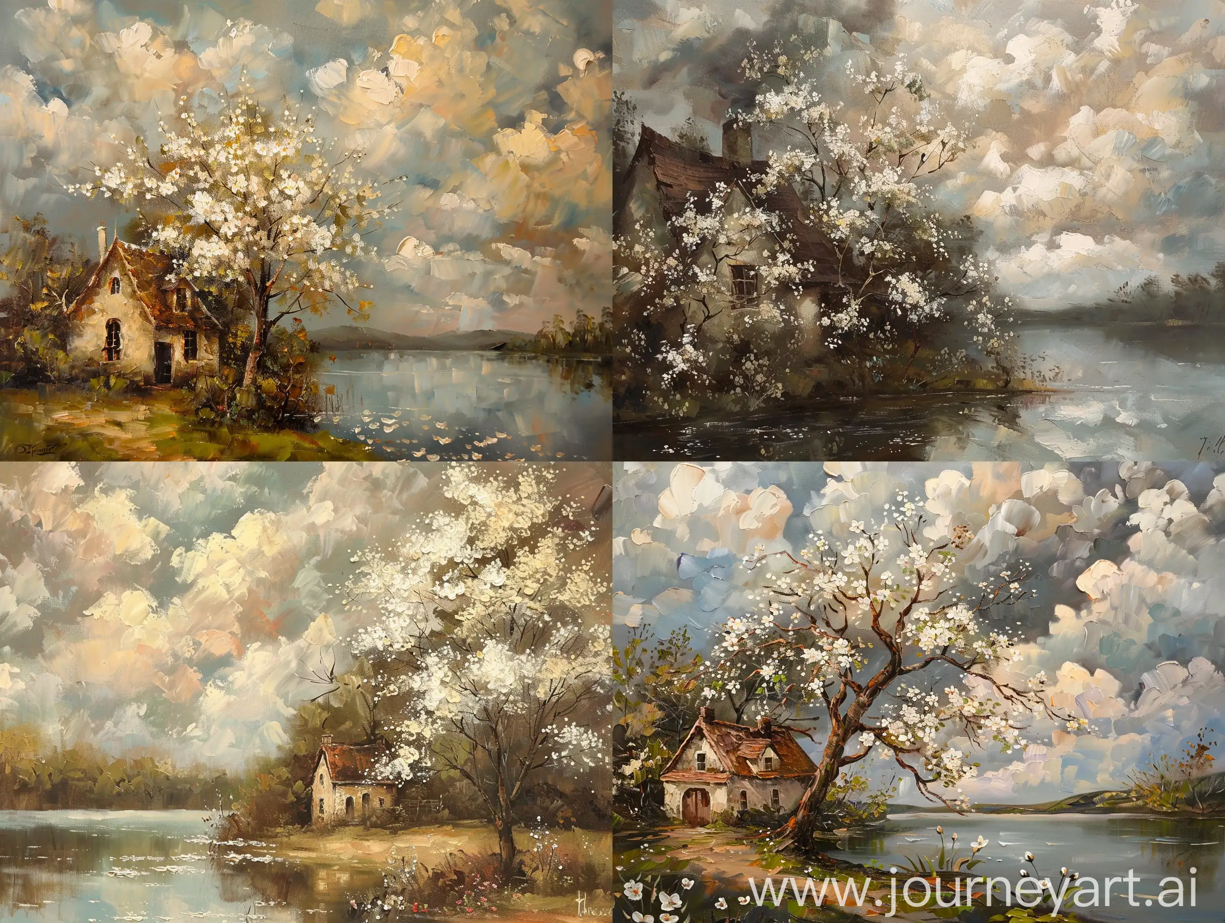 muted dark neutral colors. vintage antique oil painting. impressionism. realism. cloudy sky, clouds, English cottage among the trees. lake, tree blooming with white flowers