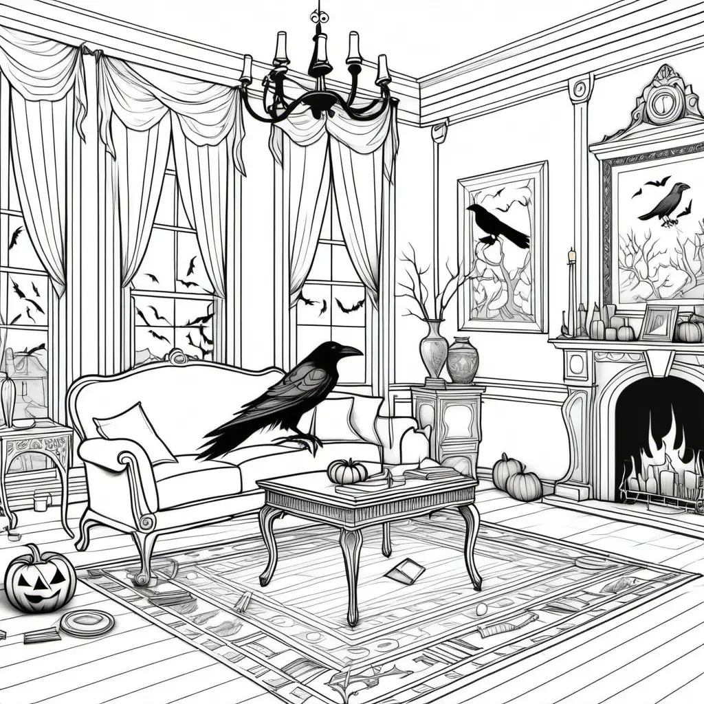 black and white coloring book image of drawing room with raven at halloween, for coloring