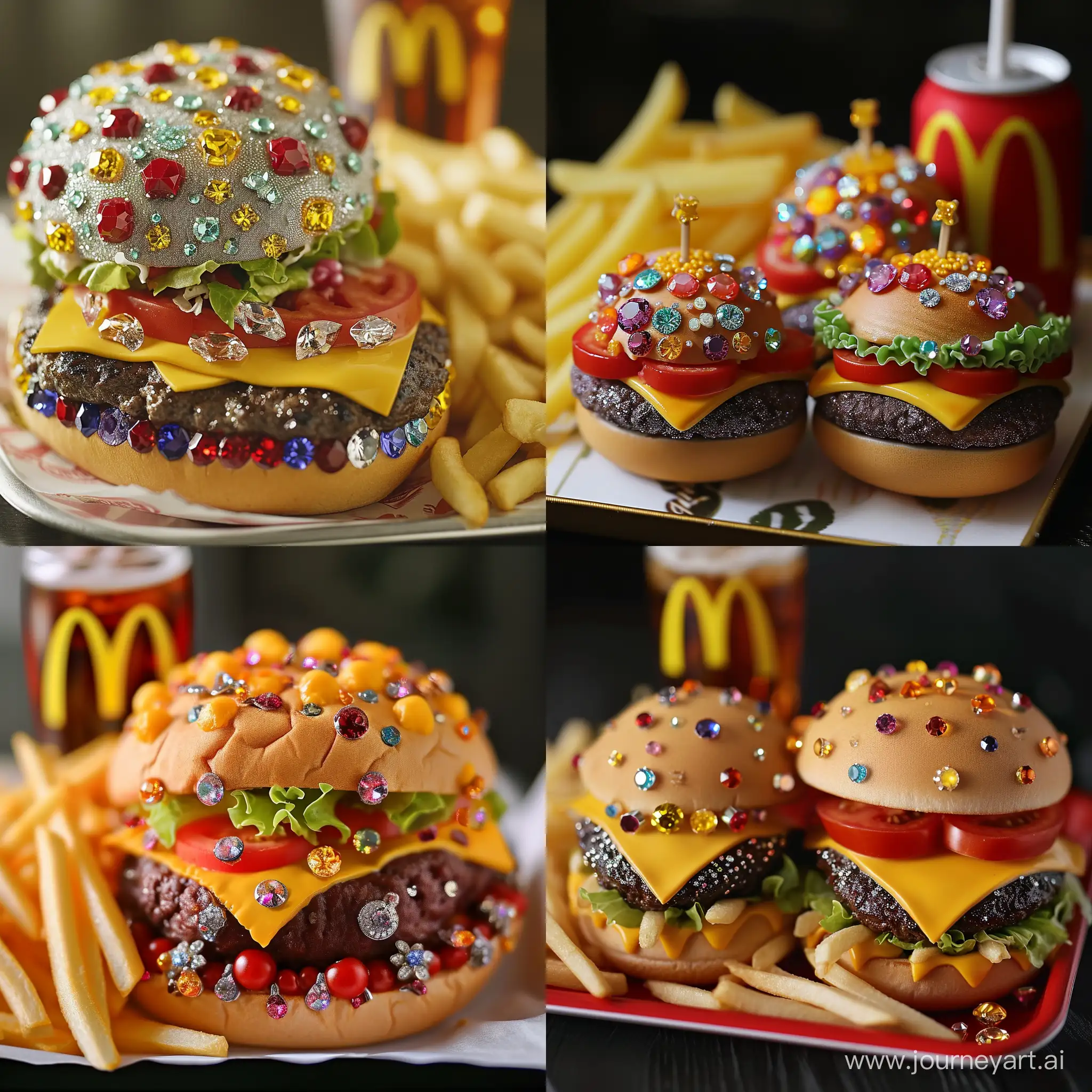 cheeseburger made out of normal burger buns filled with jewels and gemstones that look like beef, tomatoes, cheese and salad sitting on a tray between fries and a coke at a McDonald's Restaurant