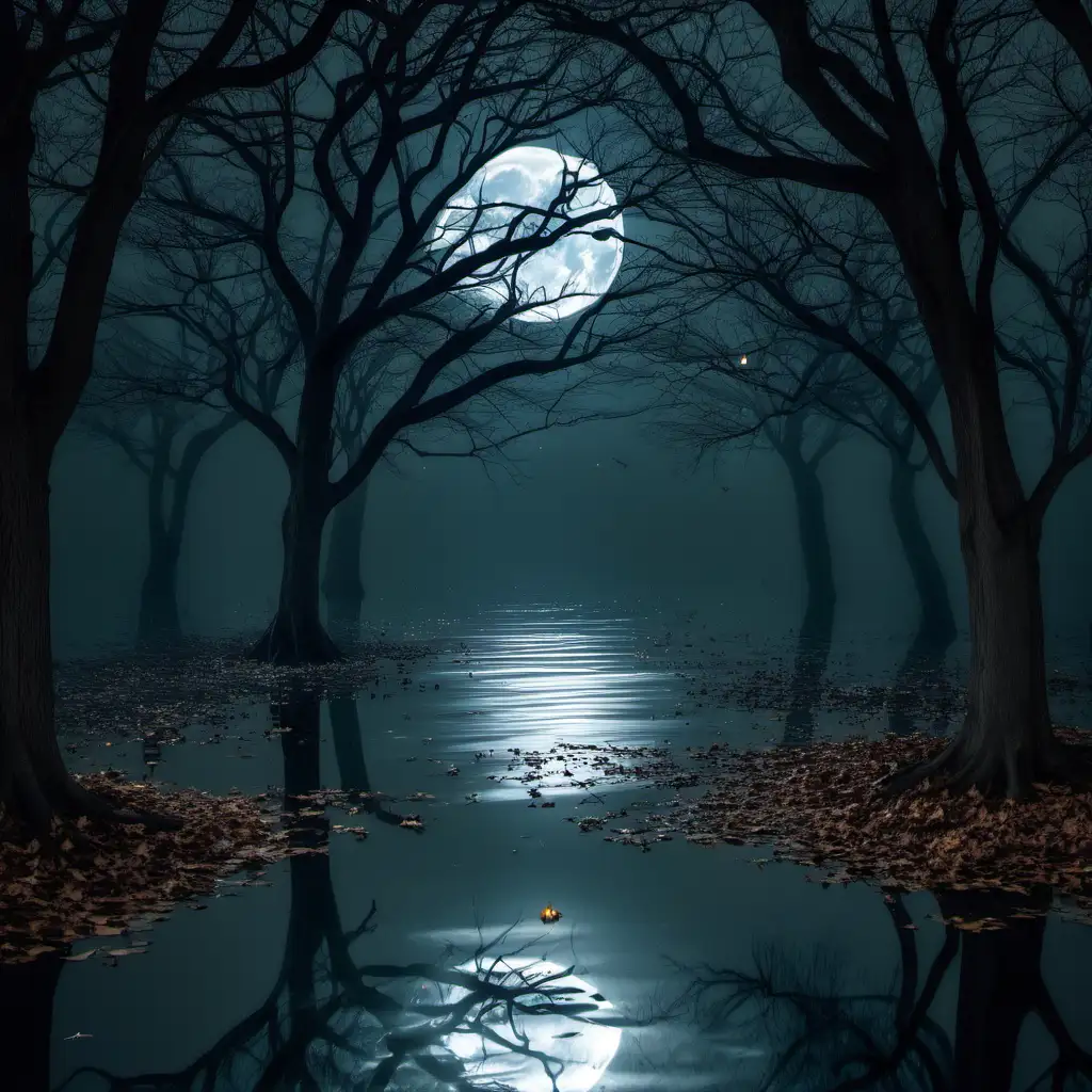 Full moon trees leaves water nature ethereal