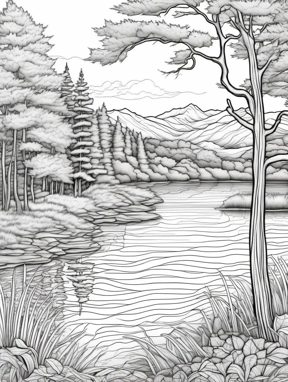 Create a variety of black and white lake scenes for a coloring book
