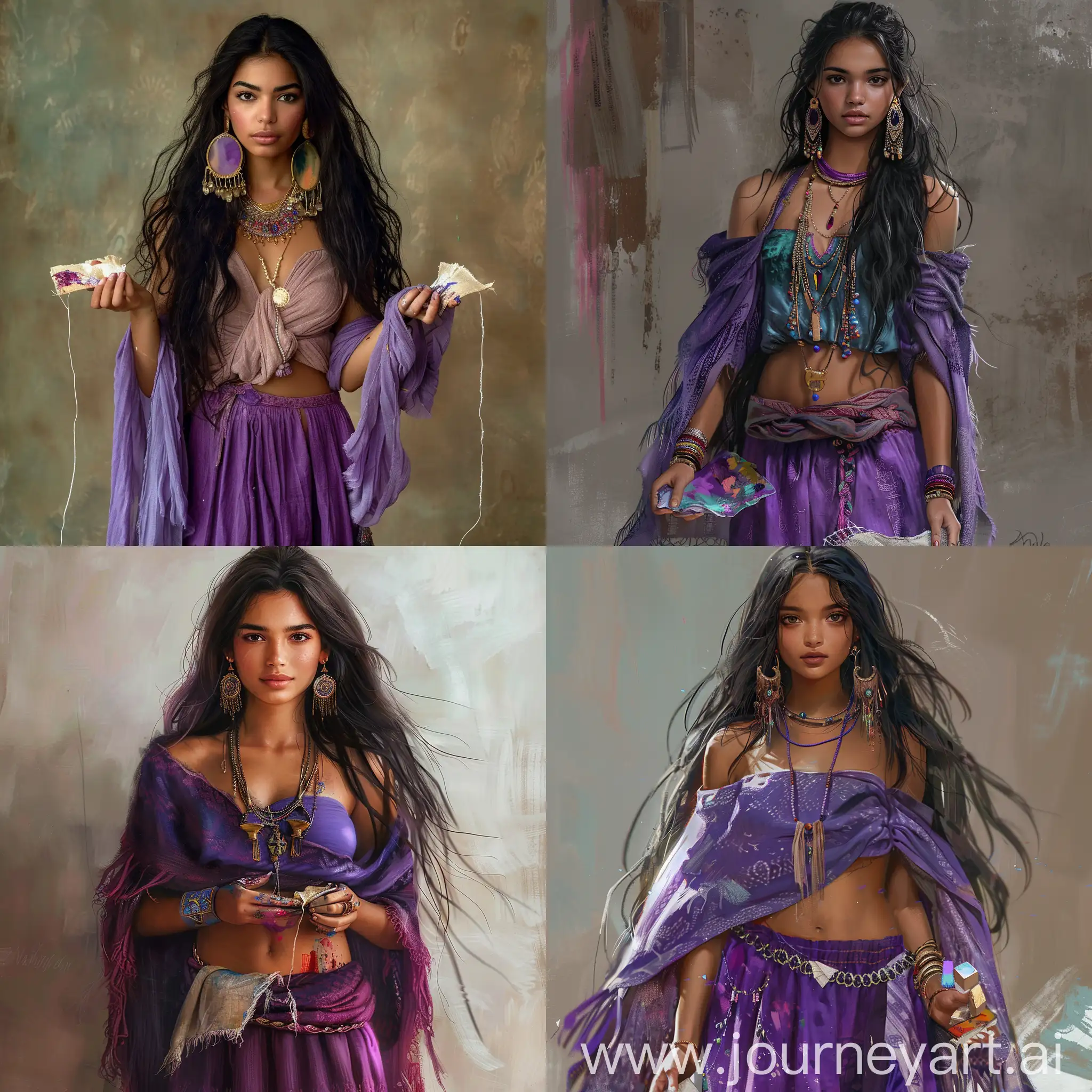 19 years old tall Arab girl named Mahri, long hair, big earrings, thin necklace, purple skirt and purple short crop, purple shawl, paint and linen pieces in her hands, hair as black as night and brown skin.