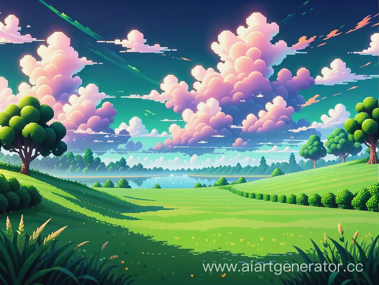 Задний фон в стиле пиксель арт, трава и облака