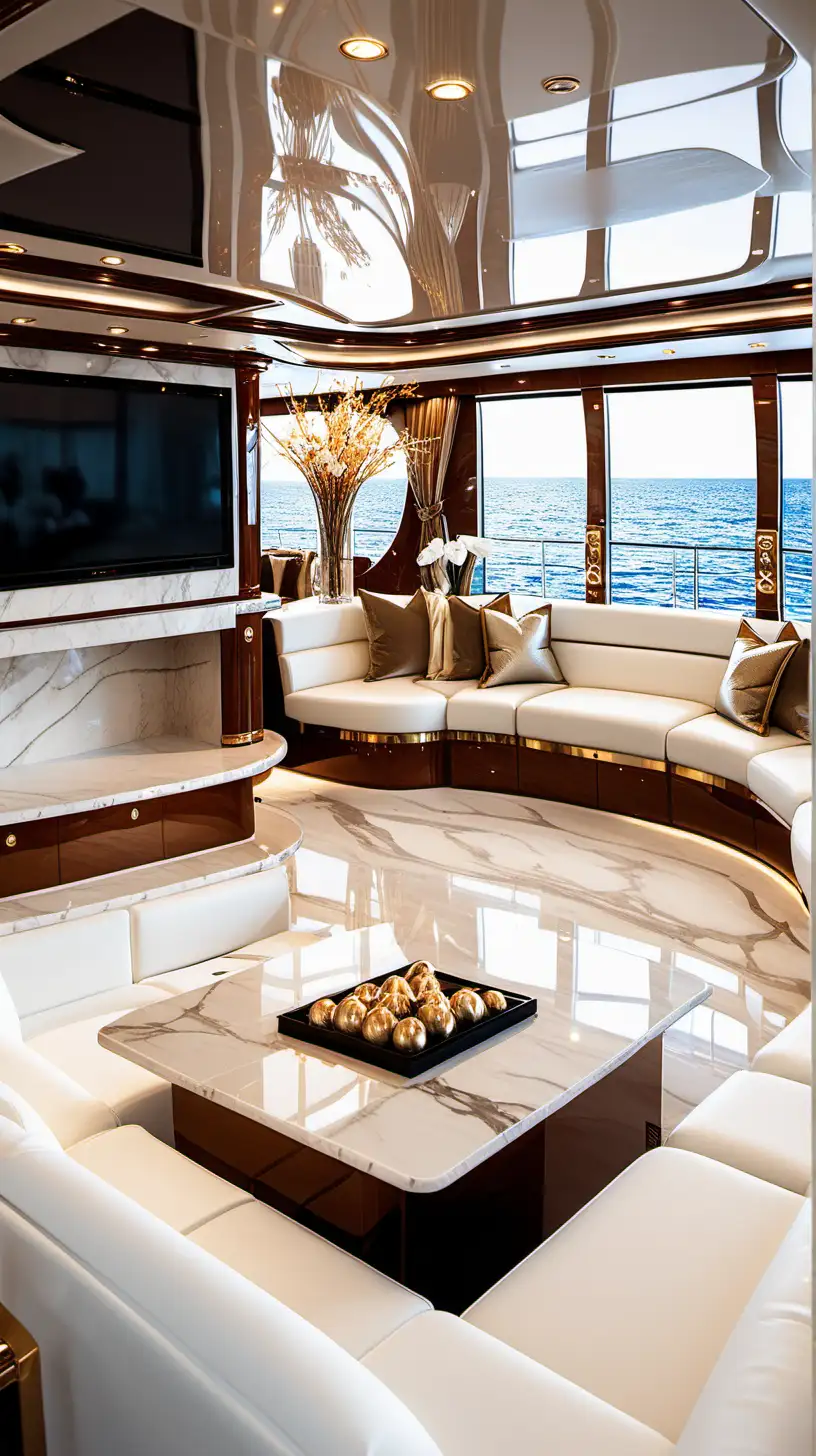 inside image of a beautiful yacht, with bronze finishes, elegant white furniture, beautiful marble floors, big screen television, over the fireplace

