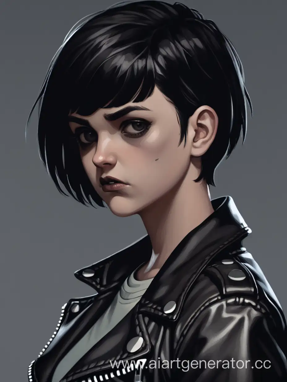 Project zomboid. Девушка с короткими чёрными волосами, в черной кожаной куртке. С мрачным видом.