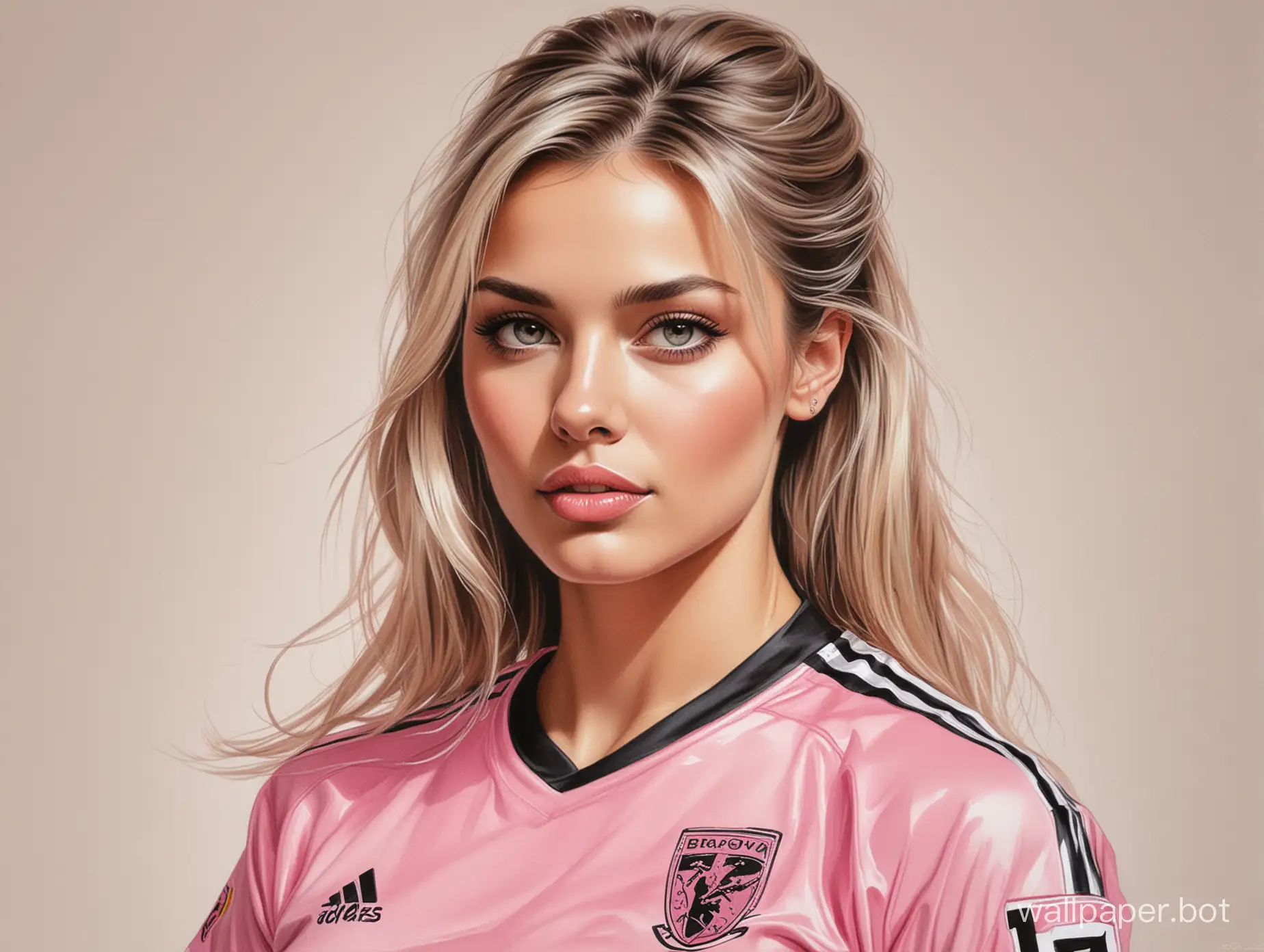 Sketch Irina Pegova light loose hair with a 4 breast size narrow waist In black-pink soccer uniform white background sketch with marker Style Boris Vallejo portrait