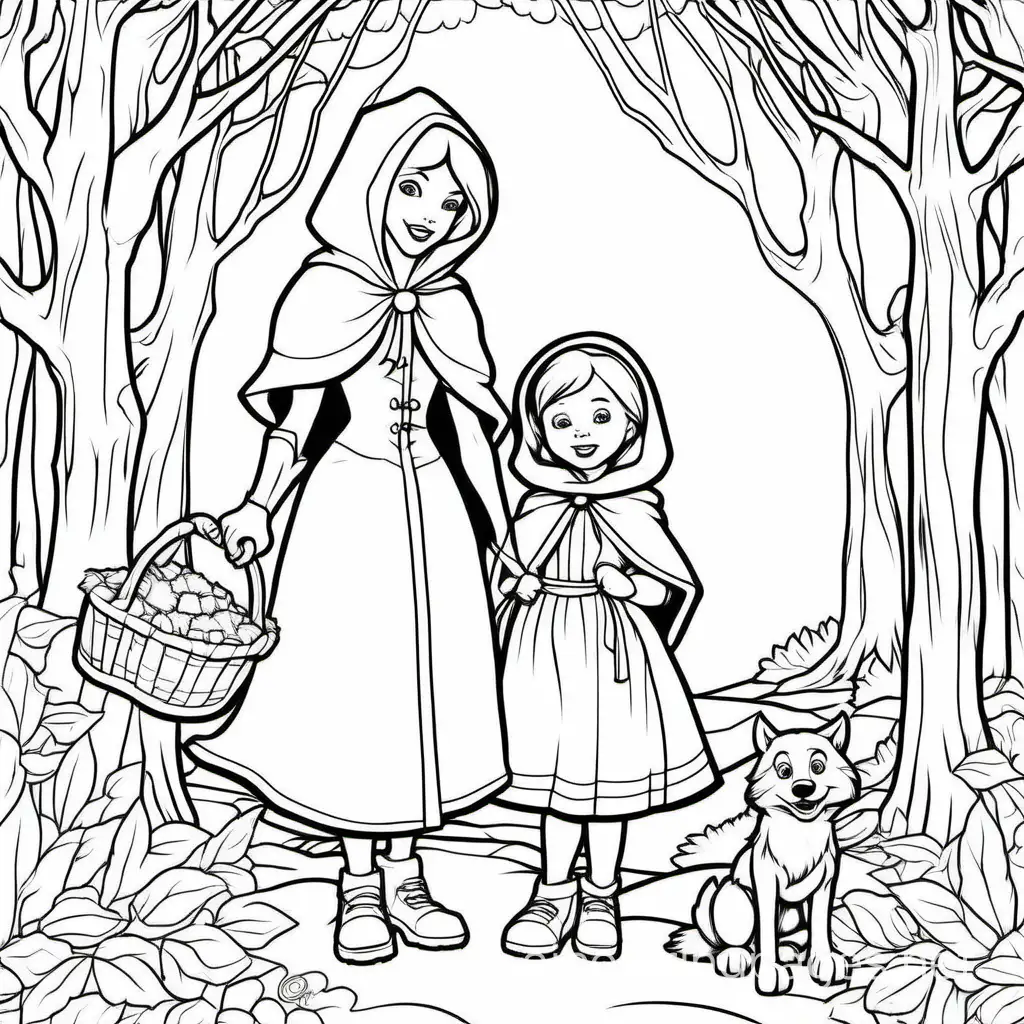 little red riding hood and mom, Coloring Page, black and white, line art, white background, Simplicity, Ample White Space. The background of the coloring page is plain white to make it easy for young children to color within the lines. The outlines of all the subjects are easy to distinguish, making it simple for kids to color without too much difficulty