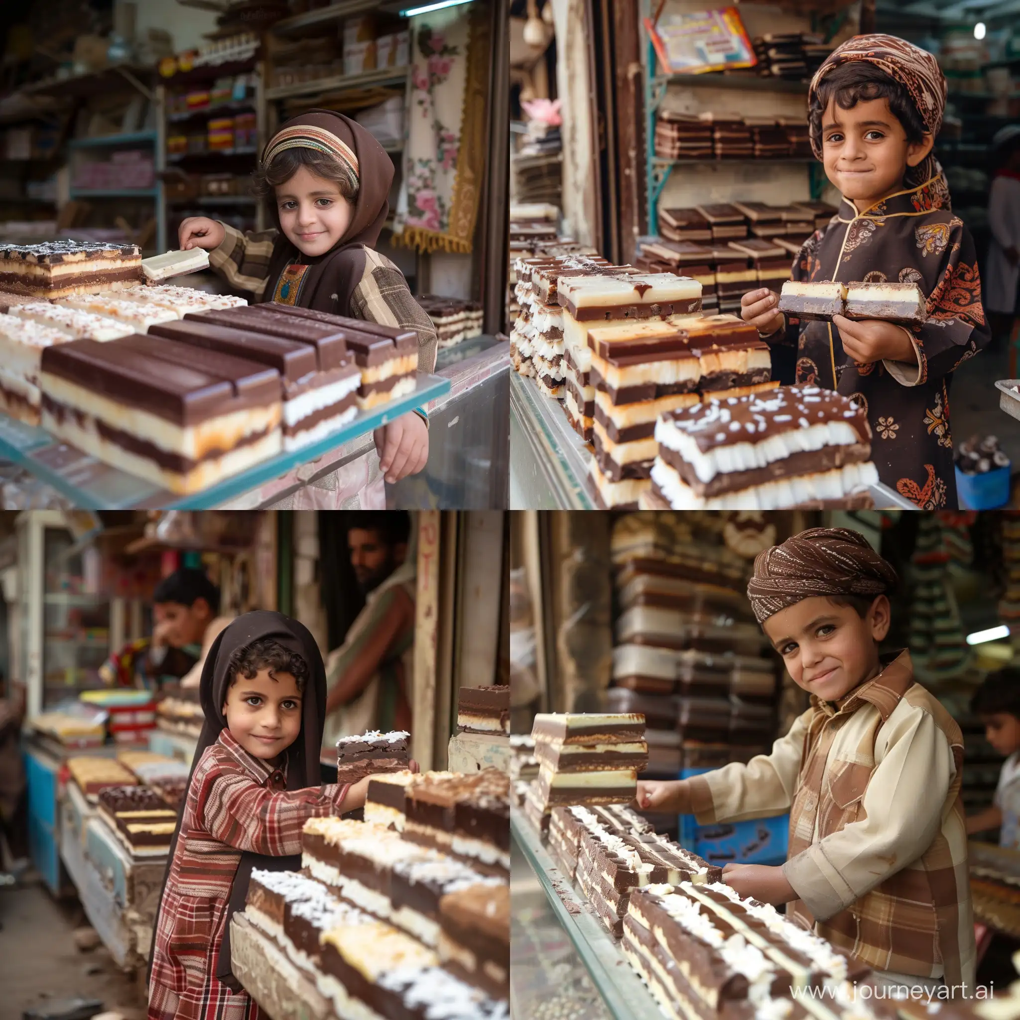 A cute Yemeni child wearing Yemeni clothes steals chocolate and coconut layered candy from a sweets store. the candy is rectangular.