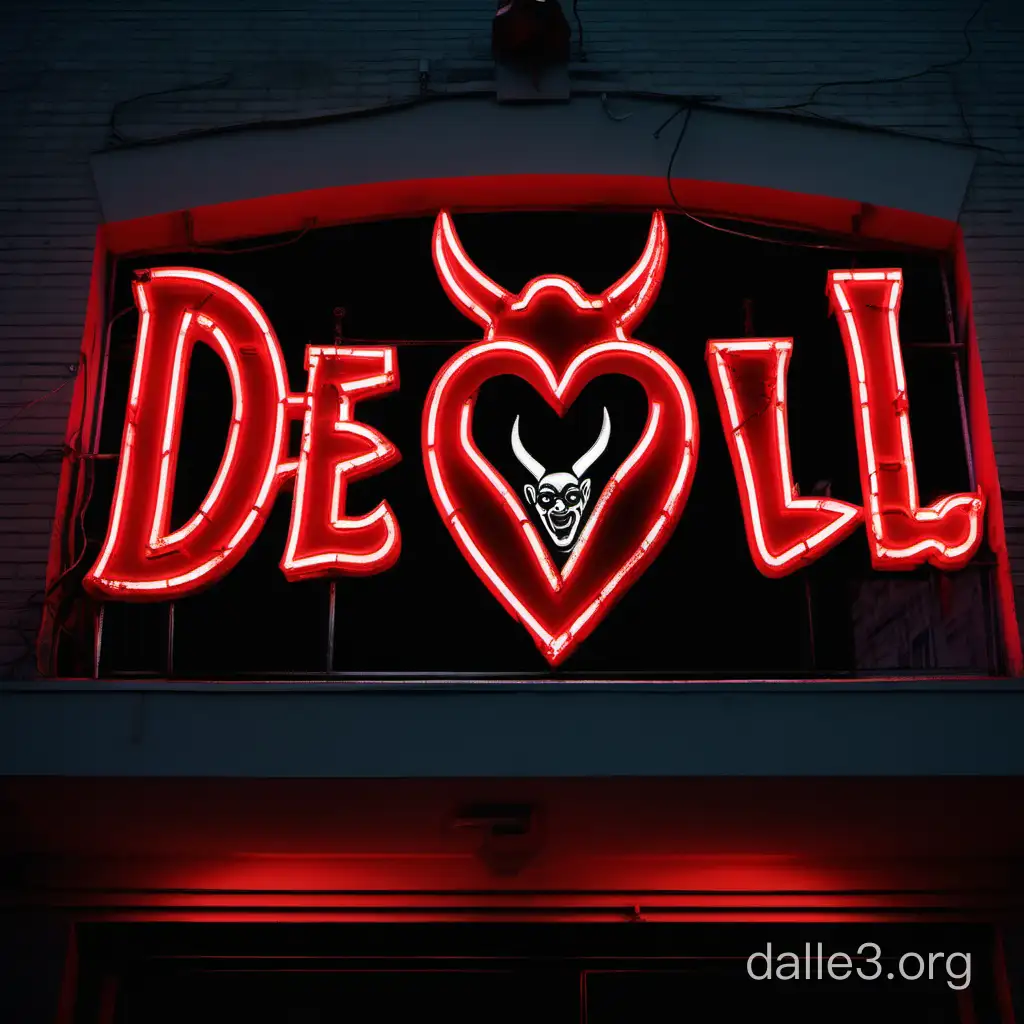 Red neon sign depicting a devil stabbing a heart above a night club in the city at night