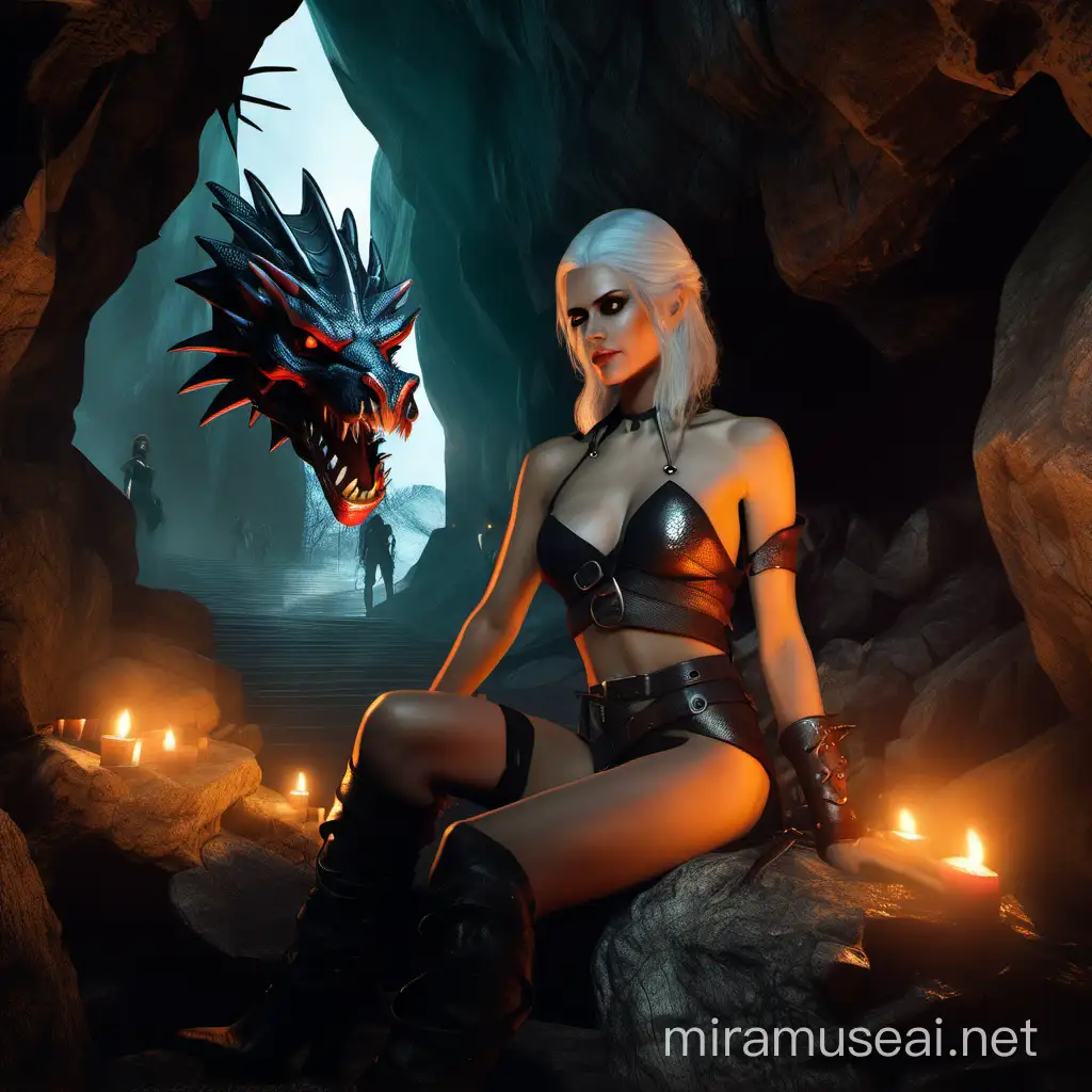Topless Fringilla Vigo in Dragon Cave Seductive Witcher Fantasy Art