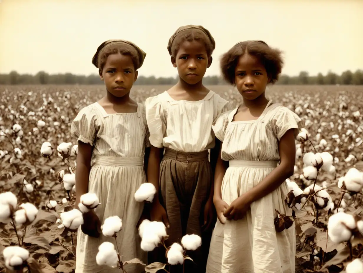 Historical Portrait African American Children Working in a Cotton Field 1900s