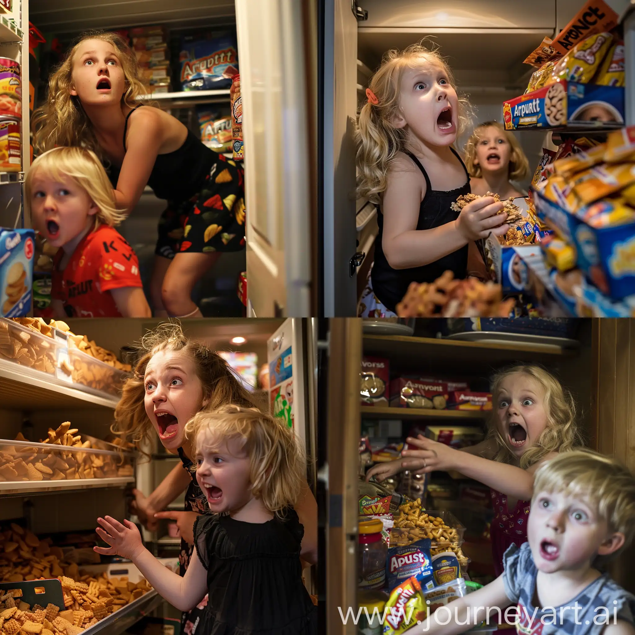 Big girl raids Australian Arnotts Shapes out of pantry while skinny blonde kid screams