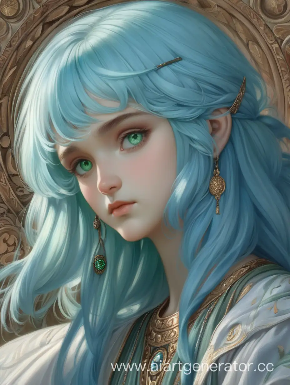 древнерусская художница с нежно-голубыми волосами и зелеными глазами