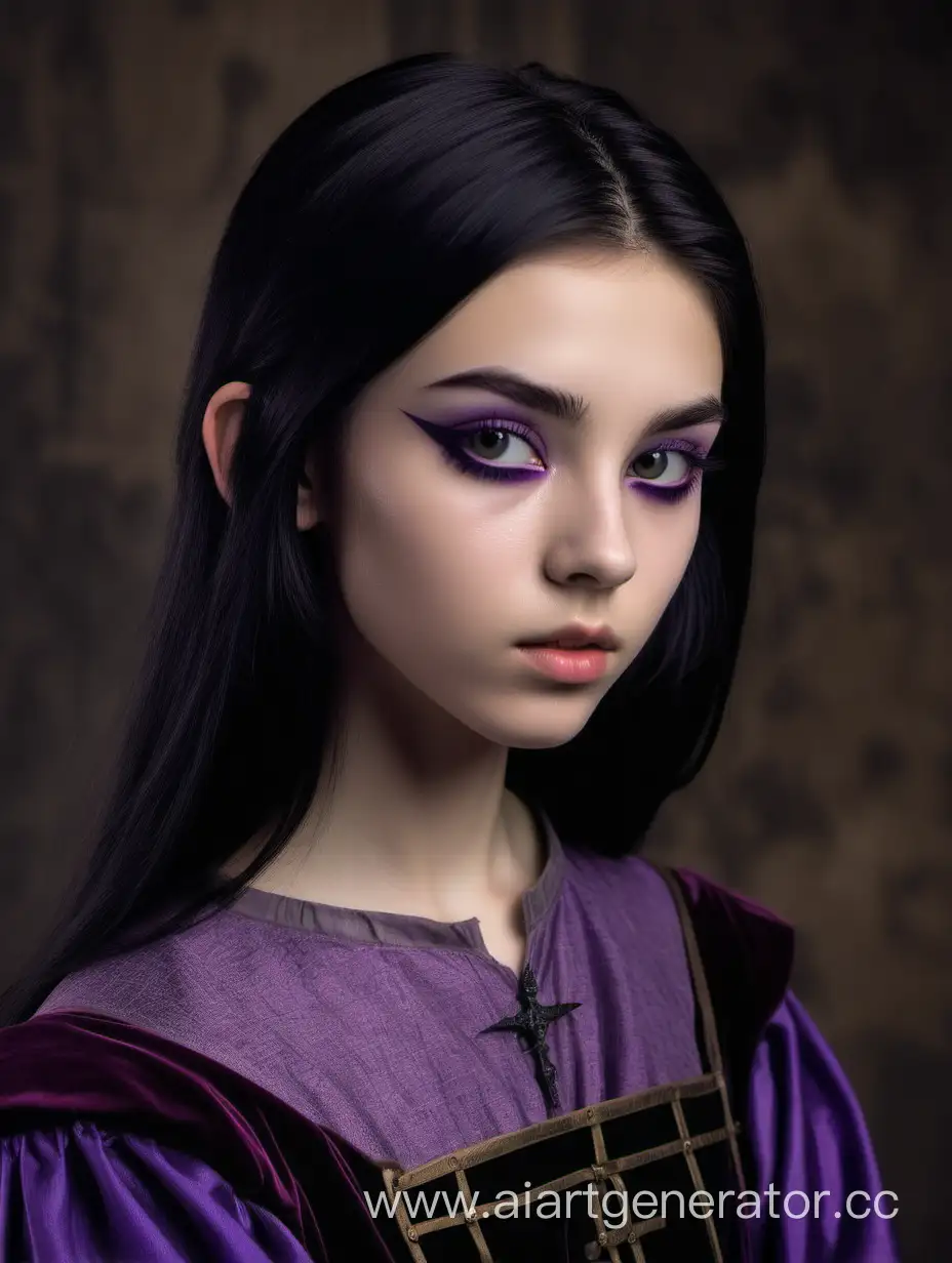 Elegant-18YearOld-in-Purple-Medieval-Attire-Crafting-with-Needle