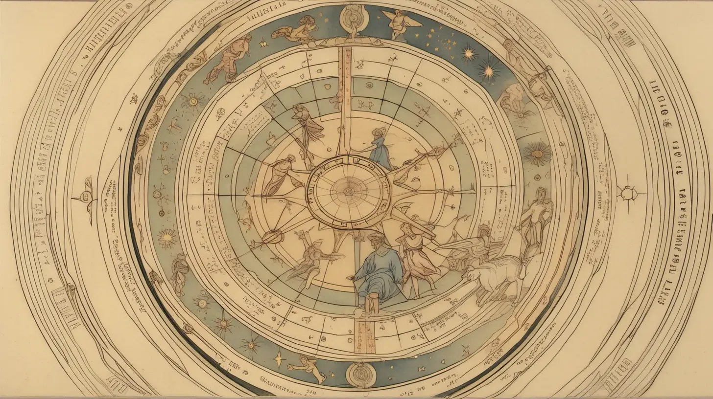 astrological wheel with man and female flying around the wheel, muted colors, loose lines