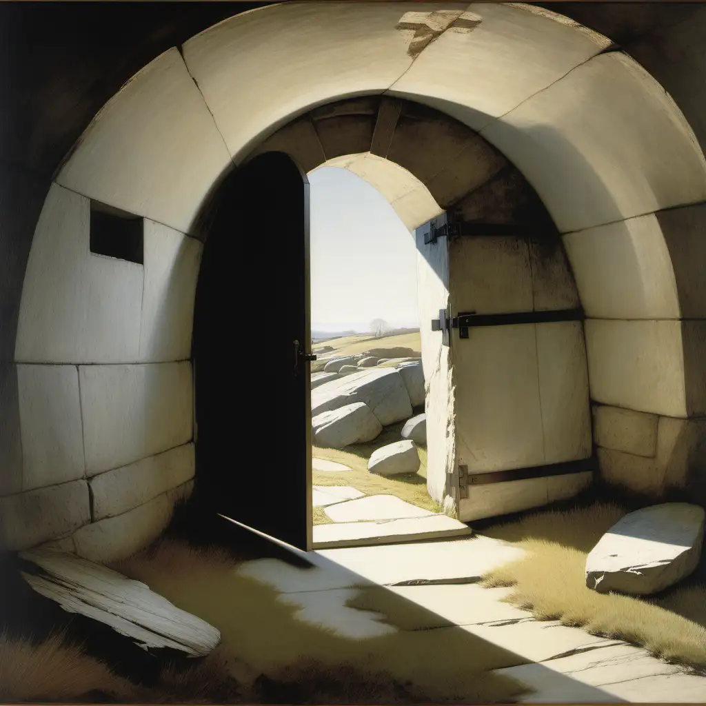 andrew wyeth painting showing an empty tomb.  bright holy light shines into the empty tomb.  there is nobody there except an empty sarcophogus.  in the doorway we see a persons shadow, standing.