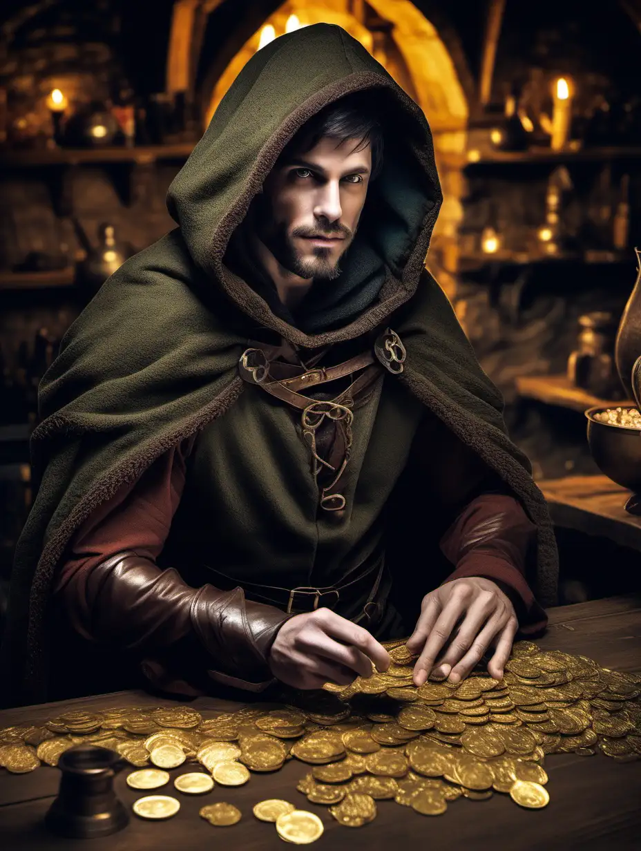 Handome 30 year old male half elf wearing a hooded cloak ina medieval tavern betting gold coins in card games, short beard, mysterious in a detailed fantasy style