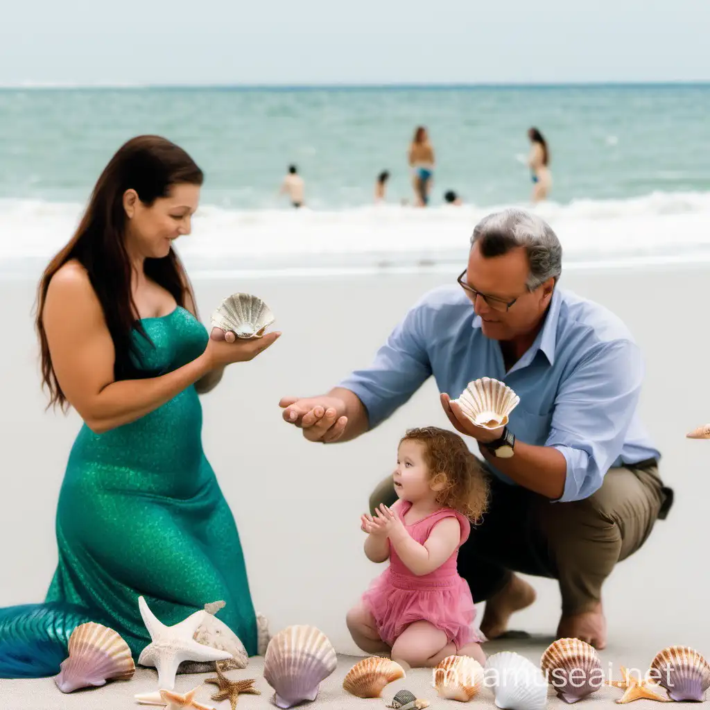 baby girl holding shells on the beach with her dad and mom and a mermaid is behind them