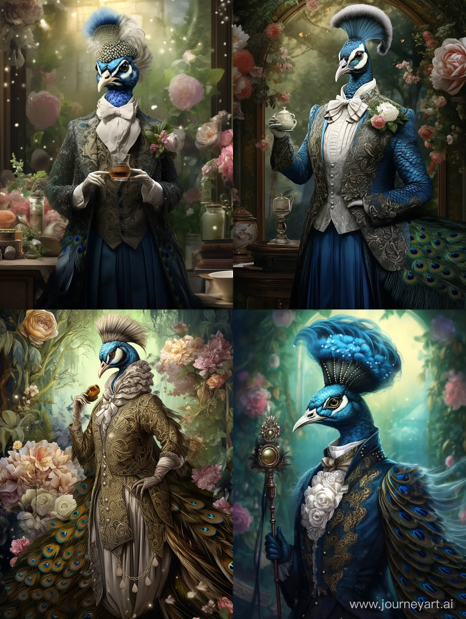 cool fashion Peacock magnificus bird! in clothes and with parfum in her hand, detailed, realistic, beautiful background