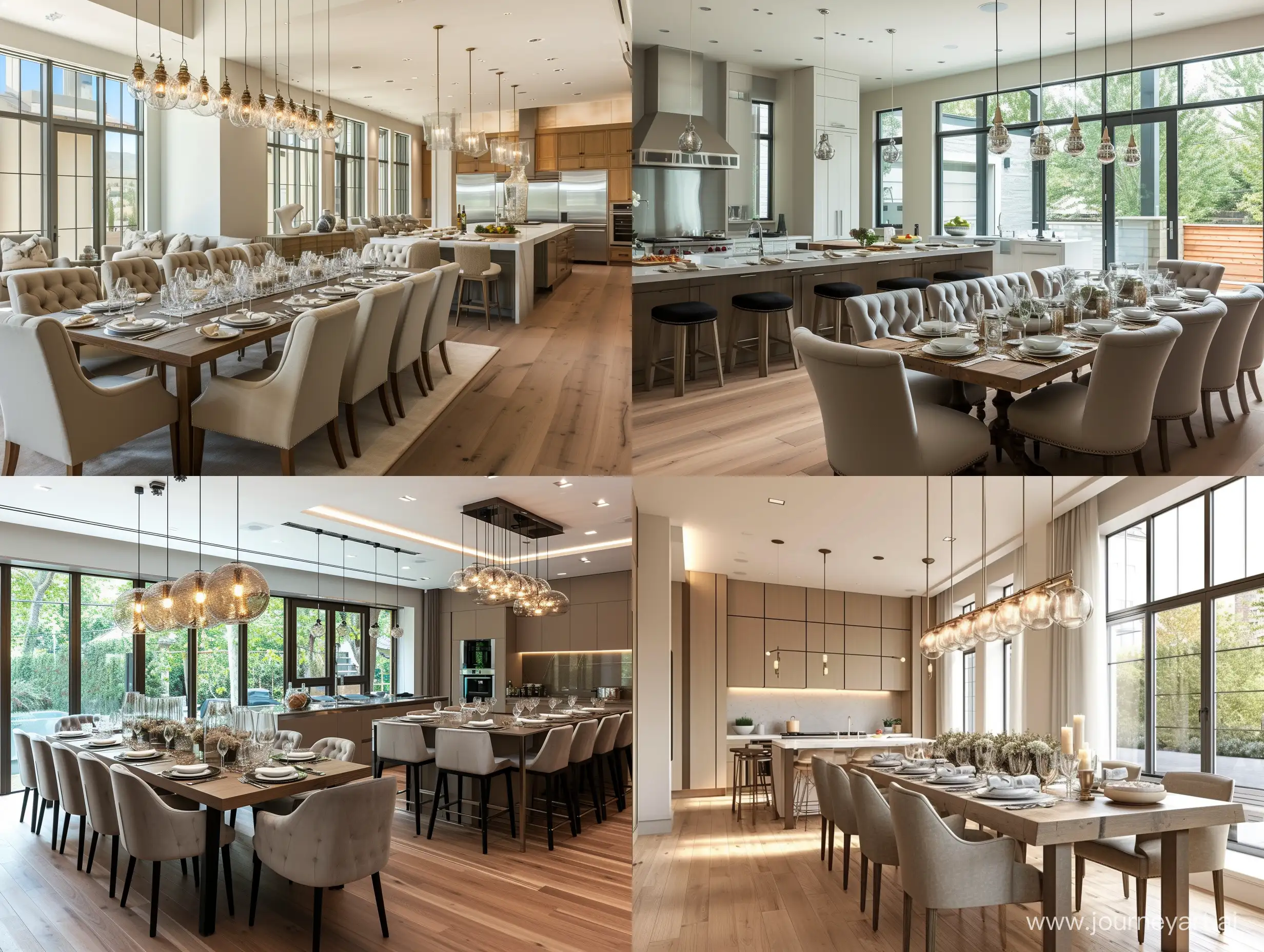 a spacious and modern dining and kitchen area. The dining area should have a long table set for dinner, surrounded by upholstered chairs. Above the table, there should be elegant pendant lights hanging. The kitchen should feature state-of-the-art appliances, with an island and bar stools. Large windows allow natural light to flood the room, highlighting the wooden floor and neutral color palette
