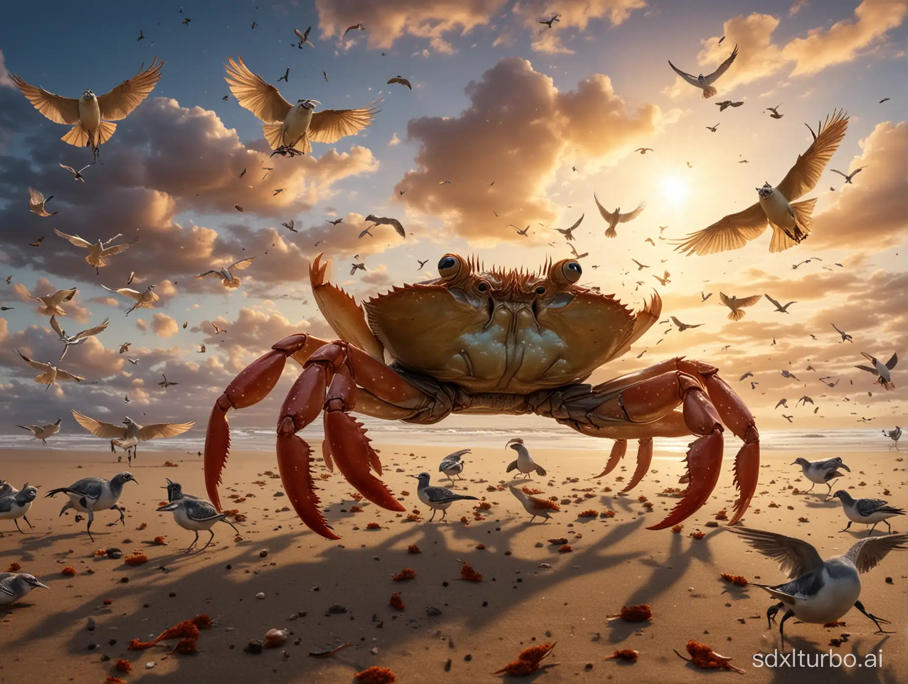 An Australian emperor crab dances in the sky, surrounded by various birds flying around.