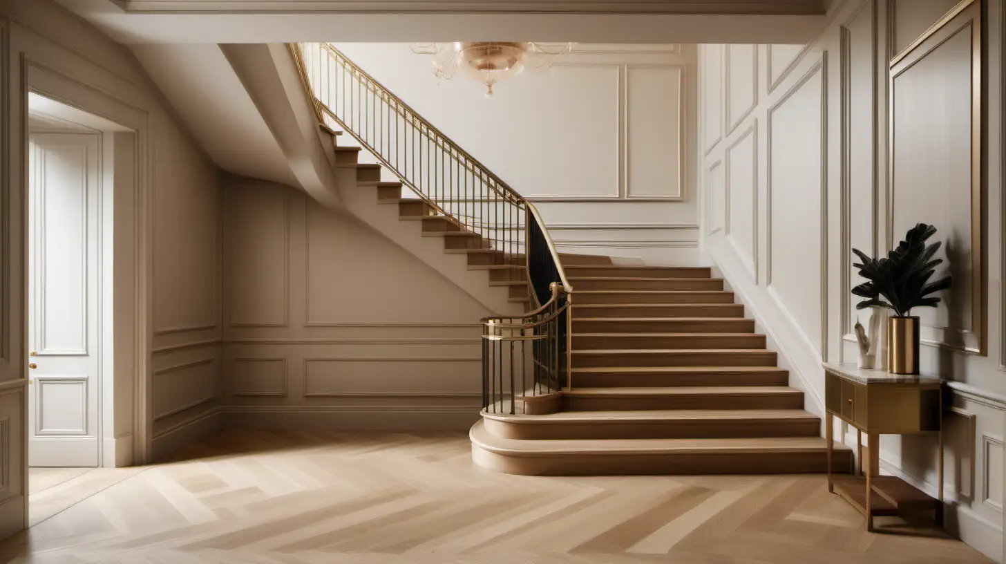 Luxurious Modern Parisian Grand Foyer with Oak Staircase and Brass Balustrade