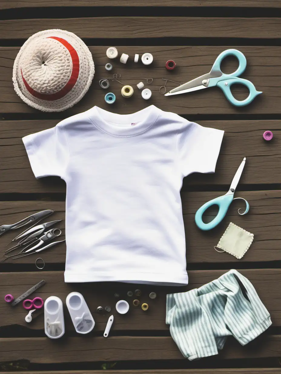 babys white t shirt on a picnic table next to sewing items


