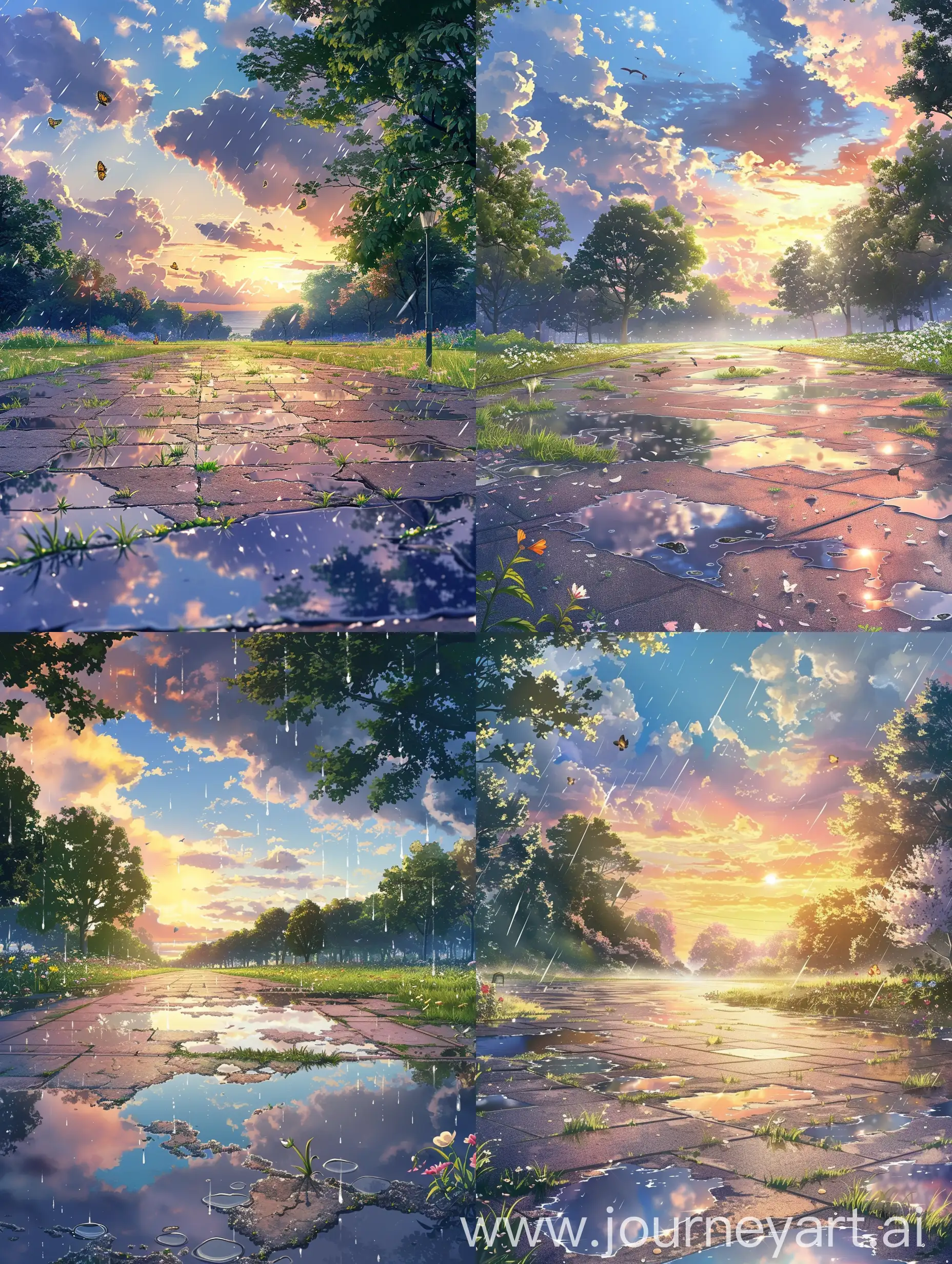Beautiful anime style,Makoto Shinkai style,approaching perfection, the tranquil beauty of a park unfolds just after a refreshing summer rain. The ground is adorned with remnants of water, creating a shimmering mosaic that reflects the beauty of the surrounding landscape. Puddles form in patches, mirroring the vibrant colors of the sky above, while delicate blades of grass peek through the moist earth, adding a touch of green to the scene.Above, the sky emerges from the passing storm, transforming from a canvas of dark clouds to a breathtaking display of vivid hues. Soft pastels blend seamlessly with the golden rays of the emerging sun, casting a warm glow over the park below. Wisps of mist rise gently from the ground, adding an ethereal touch to the tranquil atmosphere.

The park is alive with the sounds of nature awakening after the rain, from the gentle rustle of leaves to the melodious chirping of birds. Trees sway gently in the breeze, their branches adorned with droplets that sparkle like diamonds in the sunlight. Flowers bloom in vibrant hues, their petals unfurling to greet the day, while butterflies flit gracefully from blossom to blossom.Amidst this serene setting, a sense of peace and tranquility pervades the air, inviting you to pause and soak in the beauty of the moment. It's a scene that captures the essence of summer's embrace, where the simple joys of nature come to life in all their splendor.As you gaze upon this enchanting scene, you can't help but feel a sense of wonder and gratitude for the beauty that surrounds us, even in the aftermath of a passing storm.

