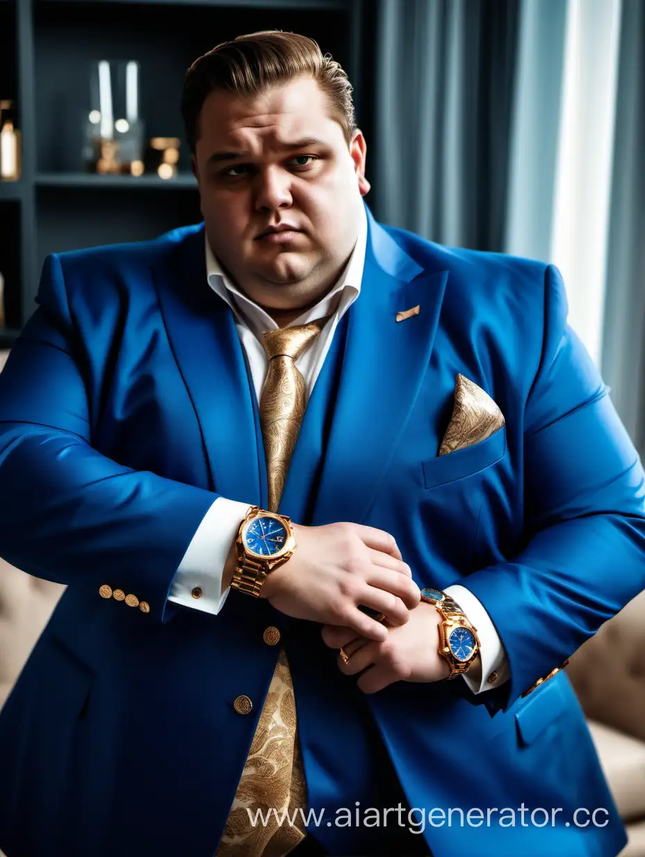 Толстый, богатый мужчина, с дорогими часами на каждой руке, в дорогом синем костюме дома