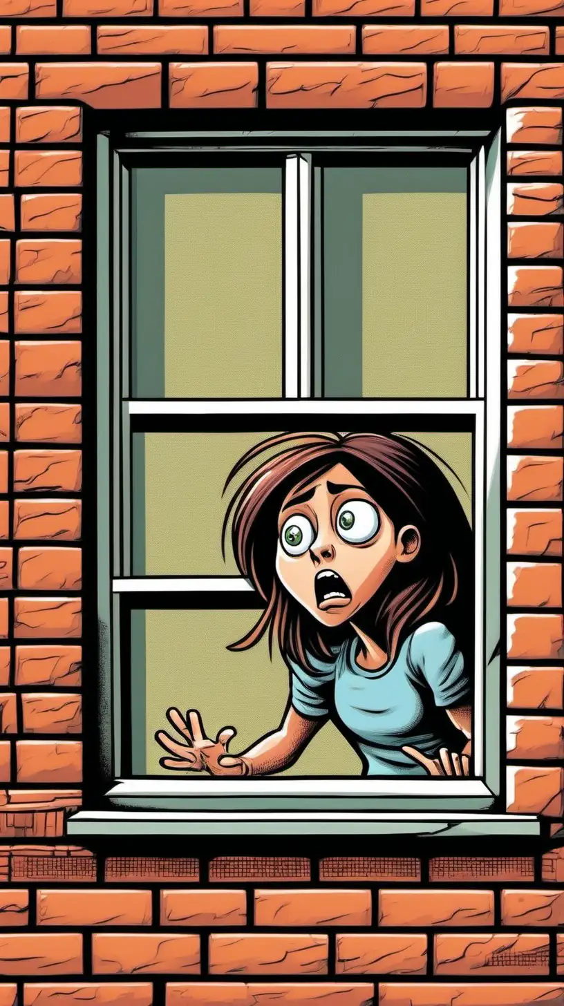 Color Cartoony;  A scared young woman calls out  of an open window of a brick building