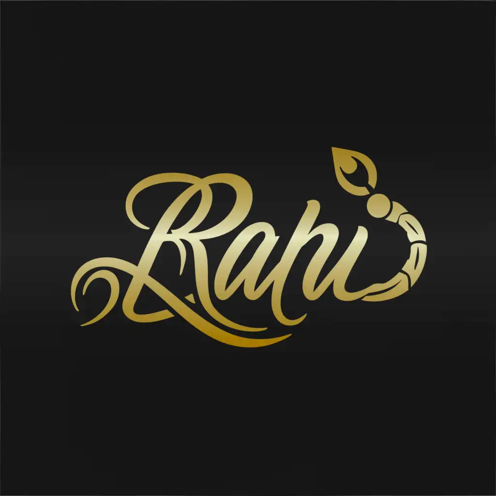 a logo design,with the text "Rahi", main symbol:make me a logo with black background and write word "Rahi" in English cursive with white color and add the Scorpion with gold and white color.,Moderate,clear background
